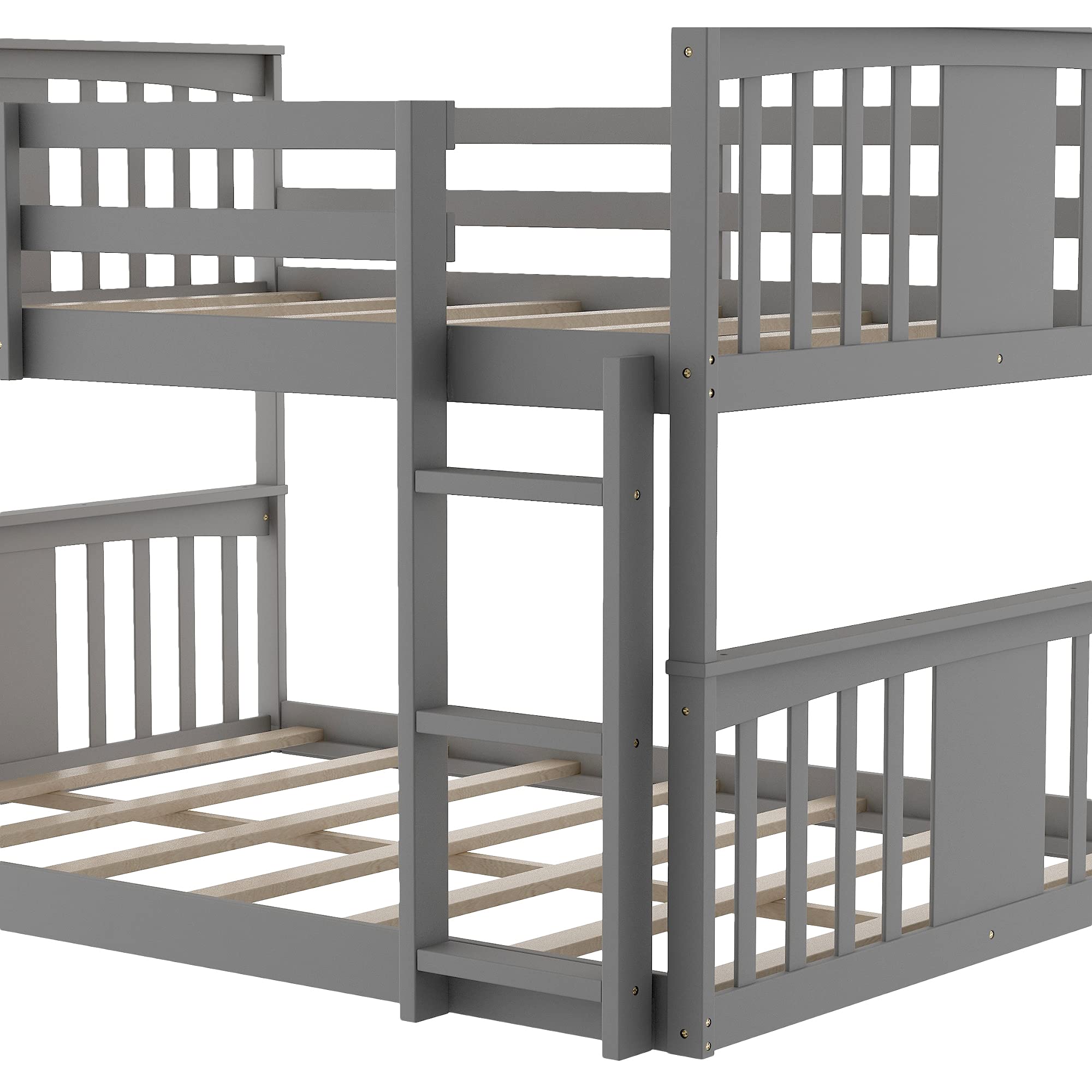 Full Over Full Wooden Bunk Bed for Kids & Toddlers with Built-in Ladder & Safety Guard Rails - Gray Twin Bunk Bed Frame for Boys Girls Bedroom, Dormitory, or Small Space Saving Kids Room Furniture