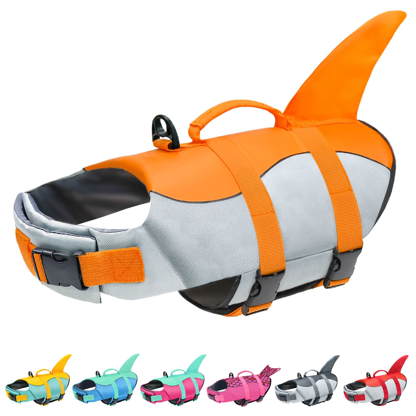 Malier Ripstop High Buoyancy Dog Life Vest - Shark Fin Design Swimming & Boating Safety Jacket for Small Medium Large Dogs - High Visibility Orange Life Jacket for Water Activities, Beach & Pool Adventures (Large)