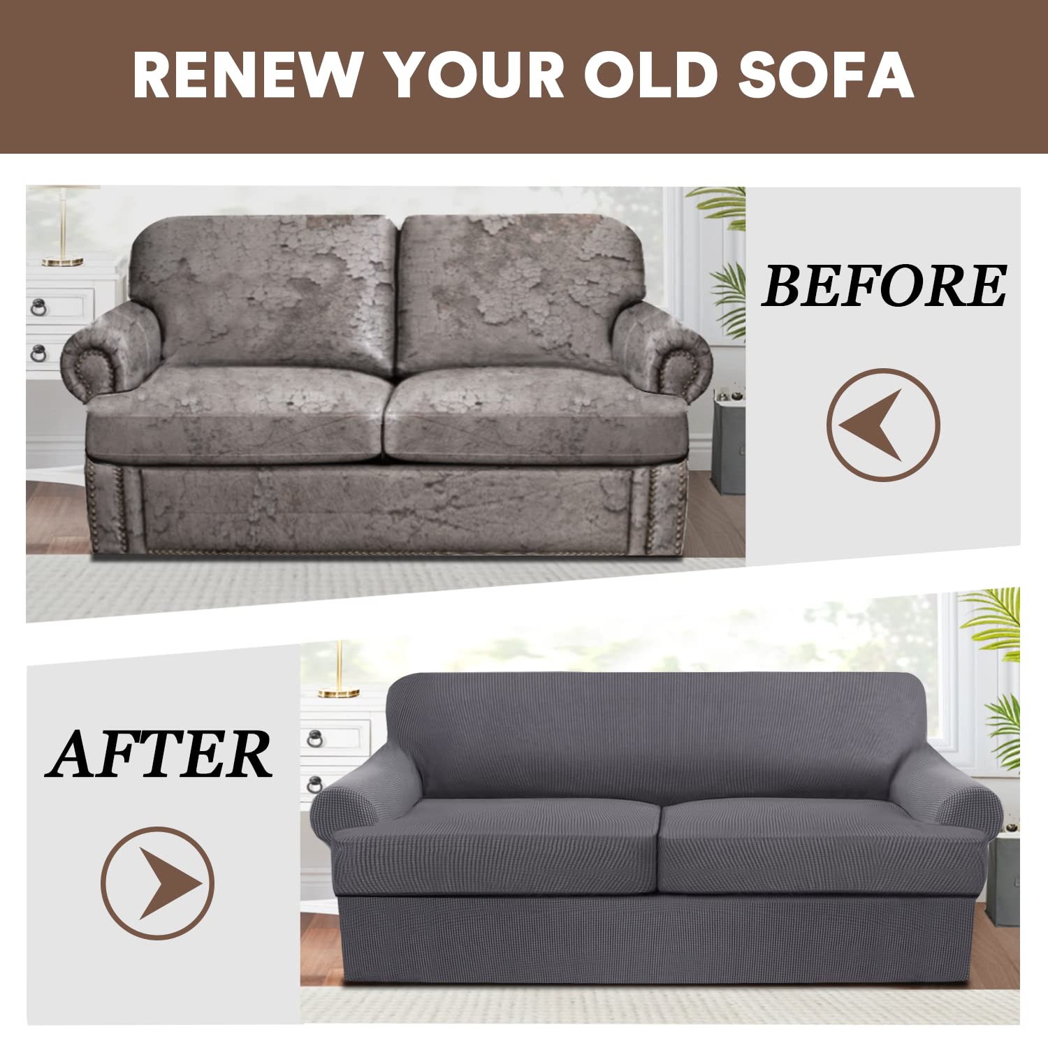 3 Piece T-Cushion Sofa Slipcovers - Thick Stretchable Couch Cover Furniture Protector for 2-Cushion Loveseat with Washable T-Cushion Covers (Grey, X-Large) - Perfect for Living Room, Family Room & Home Decor Protection