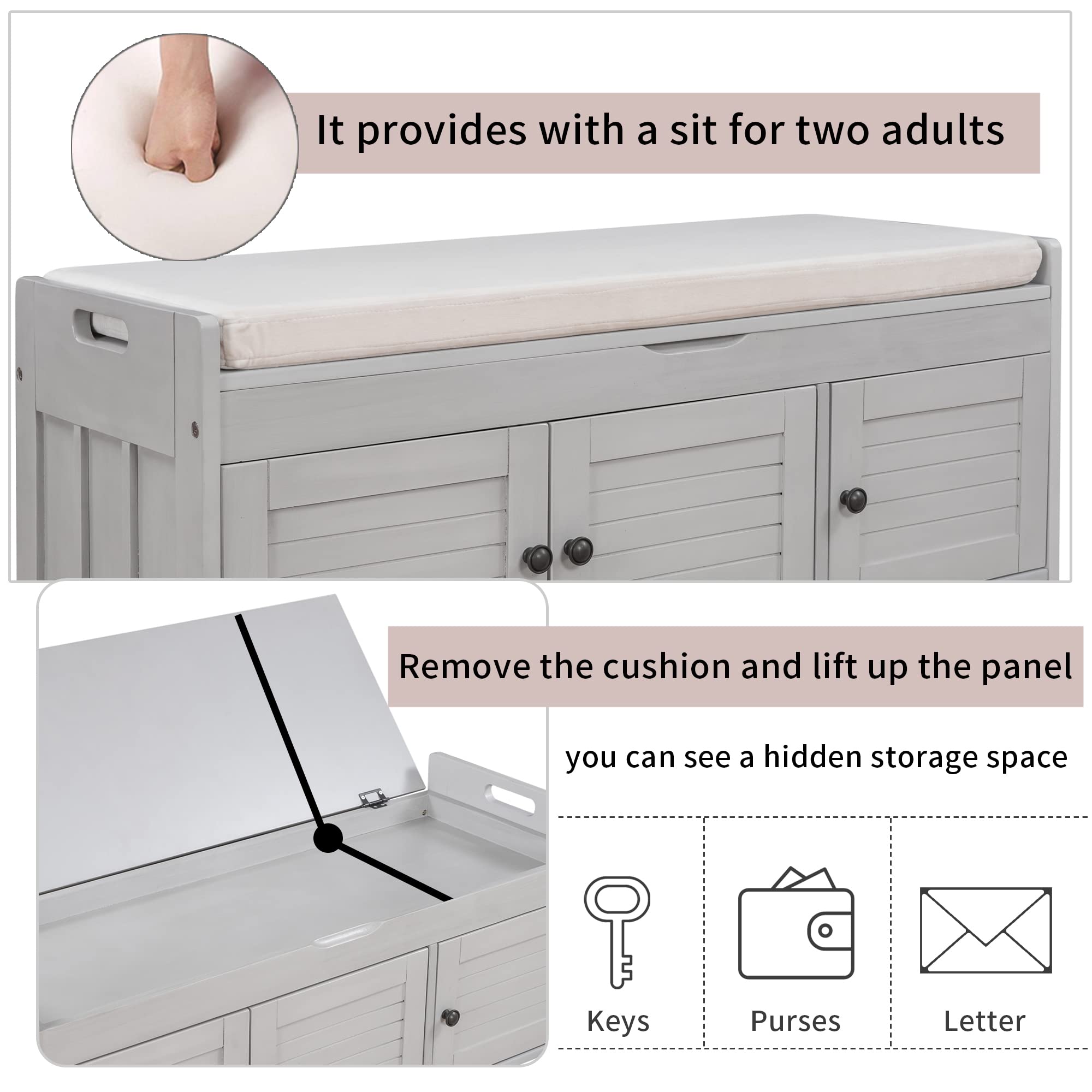 Merax 3 Shutter-Shaped Door Shoe Bench with Removable Cushion & Hidden Storage Cabinet - Gray Wash | Entryway Organizer for Shoes, Hats & Accessories | Perfect for Hallway, Mudroom or Bedroom Storage Solution