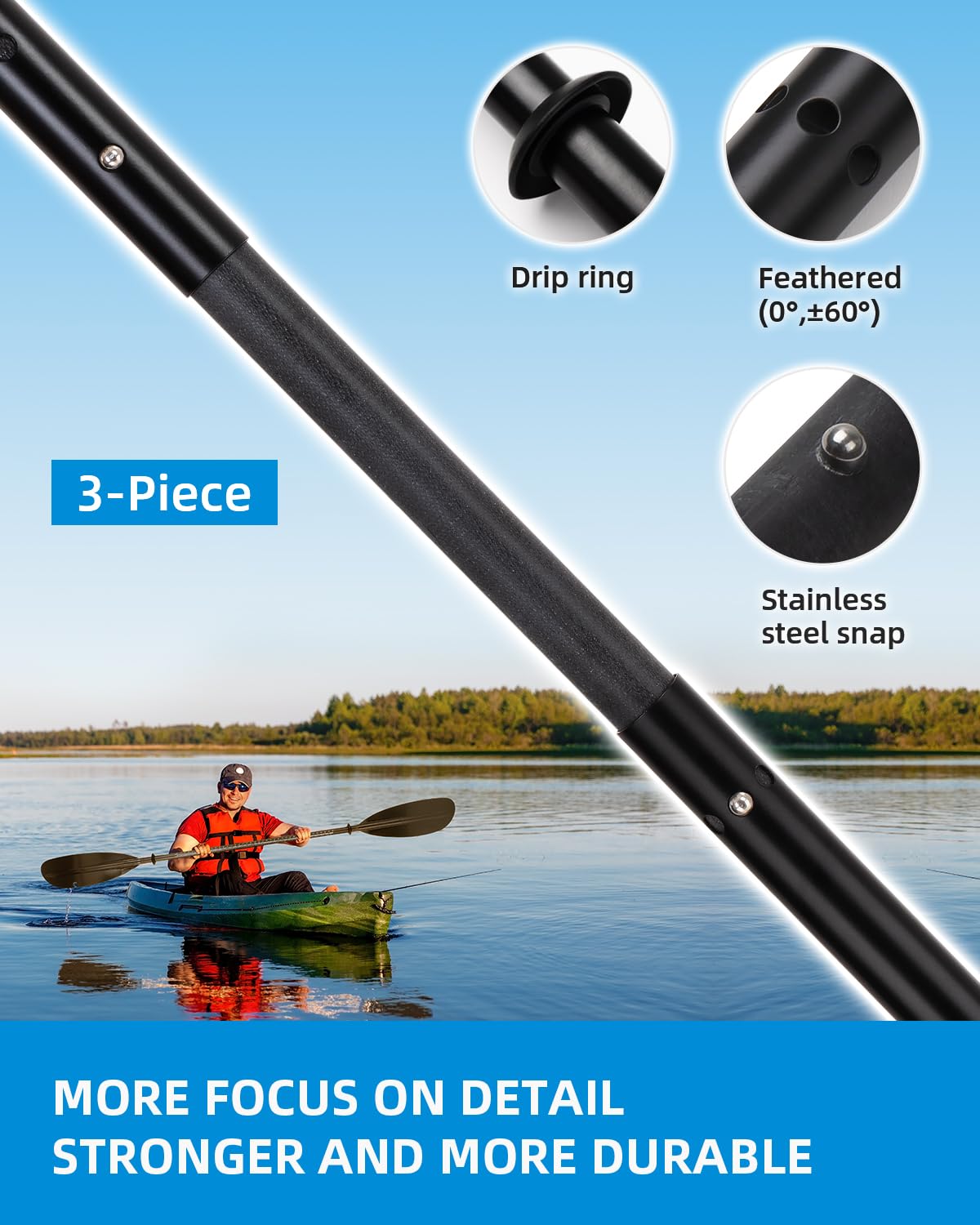 OCEANBROAD Adjustable Fishing Kayak Paddle 94-102in (240-260cm) - Lightweight Aluminum Alloy Shaft with Paddle Leash - Perfect for Kayaking, Canoeing & Water Sports