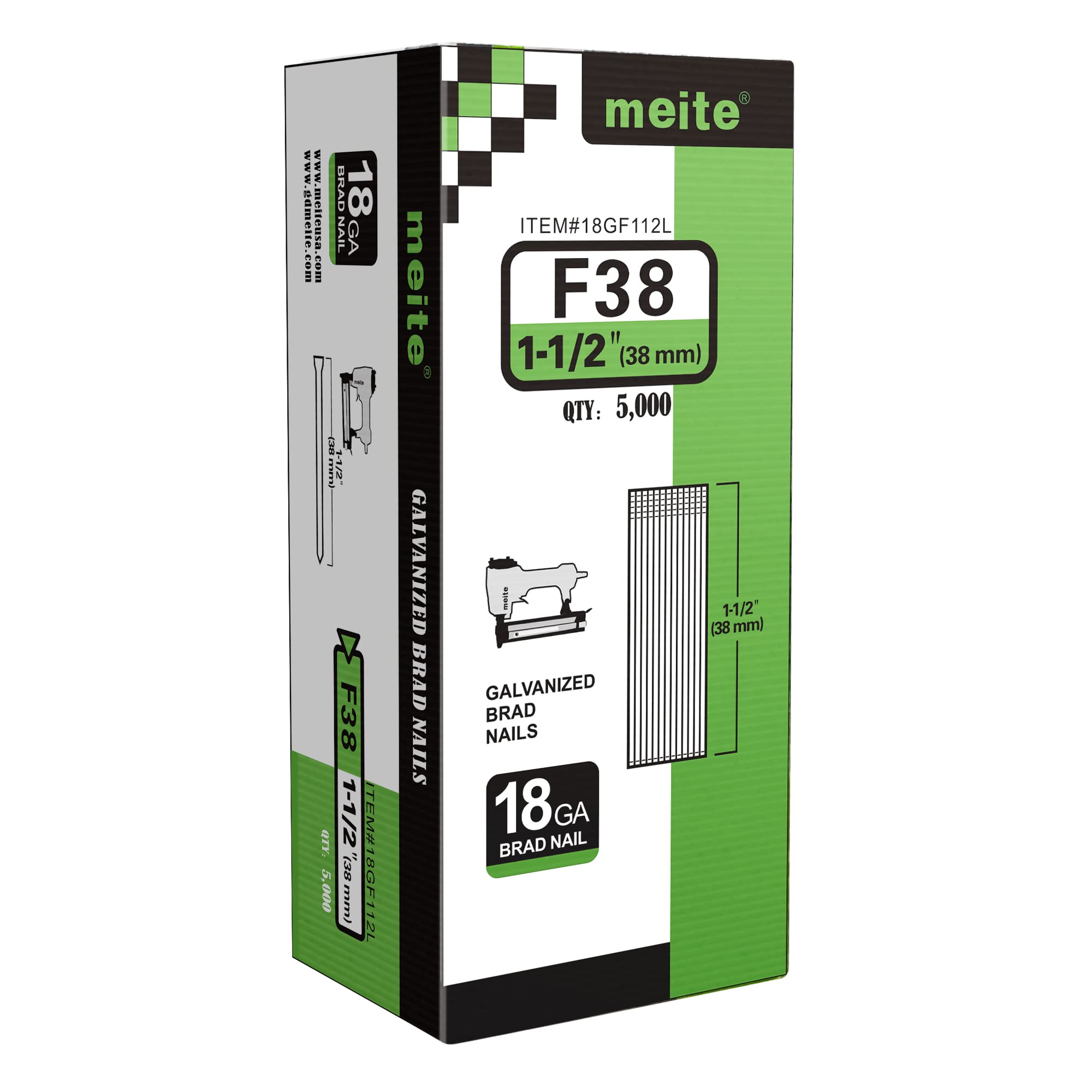 Meite 18 Gauge Brad Nails 1-1/2 Inch (5,000 Count) - Galvanized Nails for Pneumatic & Electric Brad Nailer Guns - Perfect for Trim Work, Cabinetry, and Woodworking Projects