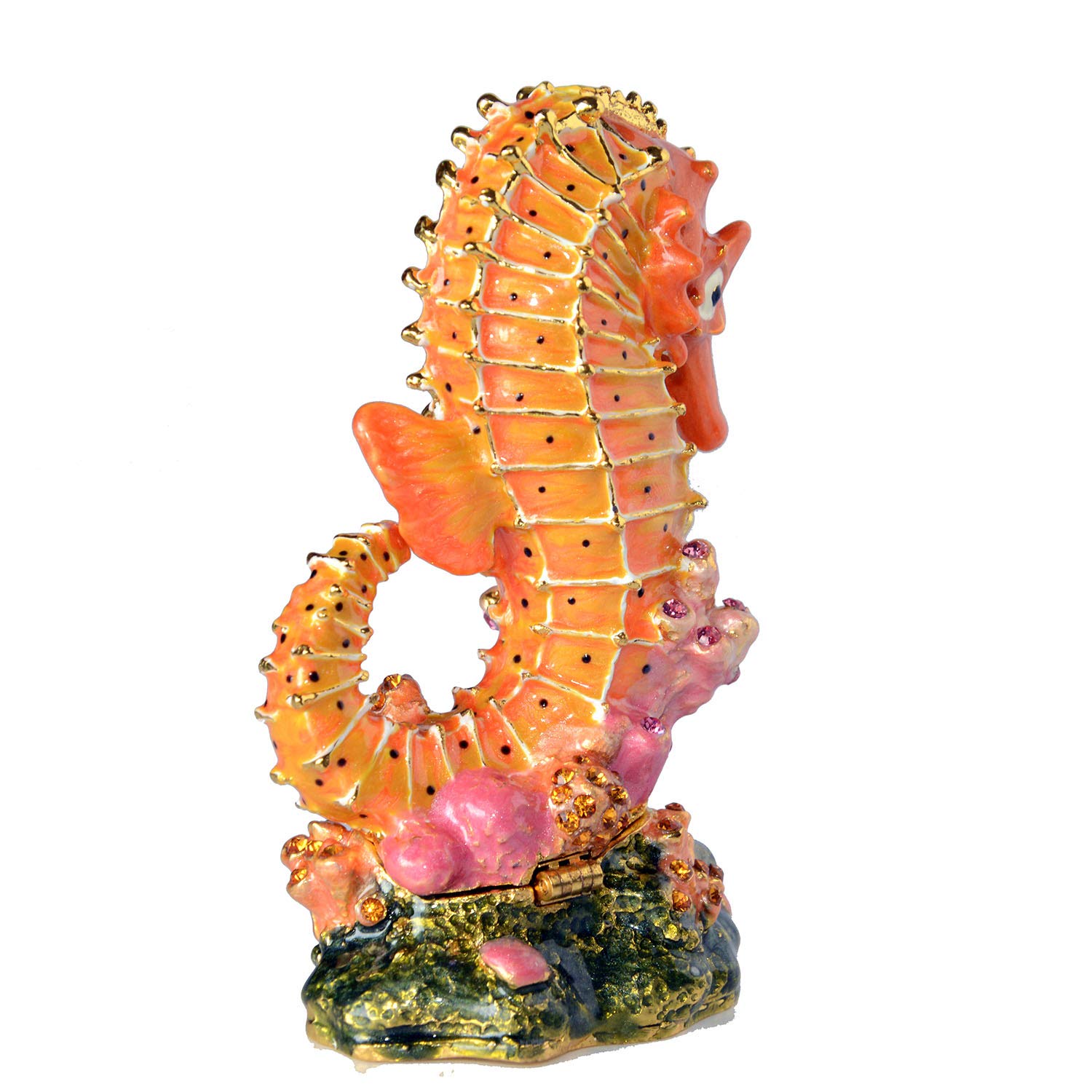 Enameled Pewter Crystal Bejeweled Seahorse Jewelry Box - Necklace & Ring Organizer - Nautical Home Decor - Animal & Sea Life Gift (Orange) - Perfect for Beach House Decor, Bathroom Storage & Gift Giving