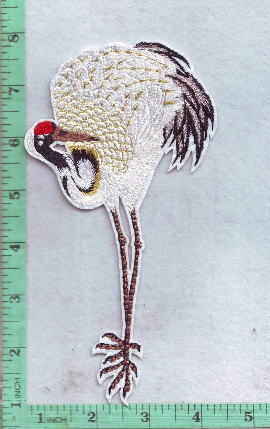 Legend Crane Iron-On Patches for Jackets & Clothes - DIY Embroidery Applique with Phoenix Bird & Flower Design (Silver Tail, 1 Crane, 7 Pieces) - Perfect for Denim Jackets, Backpacks, Hats & DIY Fashion Projects