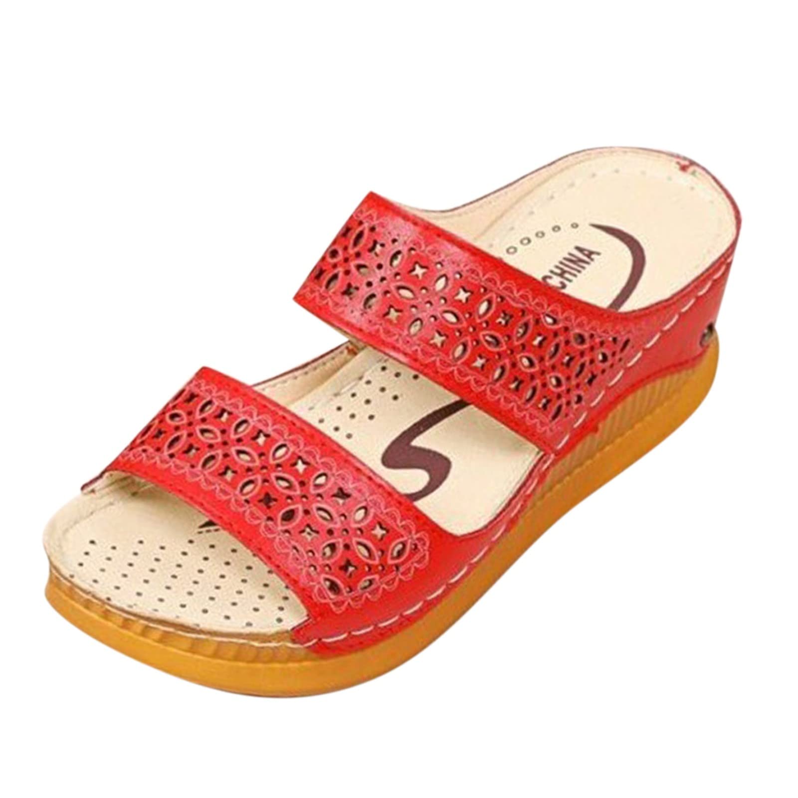 Roman Slippers for Women - Summer Fashion Peep Toe Hollow Sandals with Slope Heel & Hard Sole (Red, Size 8.5) | Comfortable Casual Footwear for Beach, Vacation, and Everyday Wear