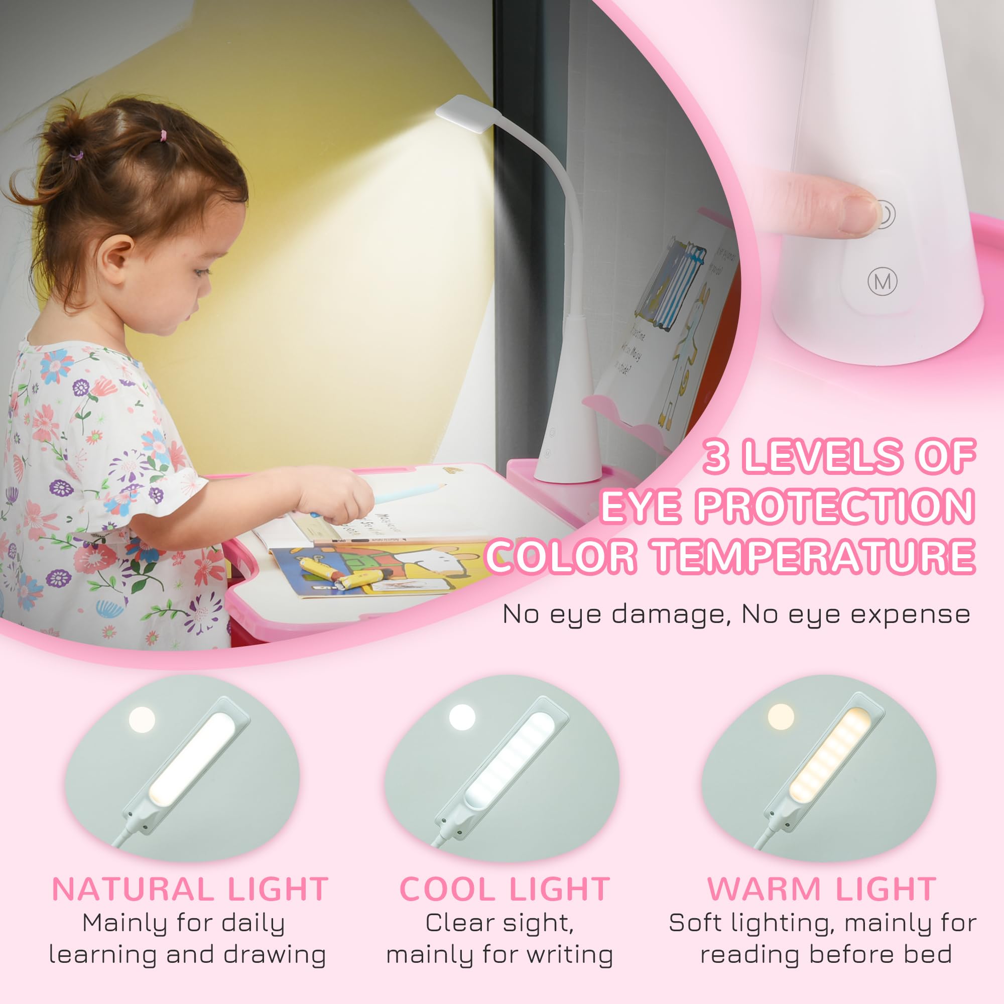 Qaba Adjustable Kids Desk and Chair Set with Tilt Desktop, USB Light & Storage Drawer - Ergonomic Study Table for Children, Perfect for Homework, Drawing, Crafts & Online Learning (Pink & White)