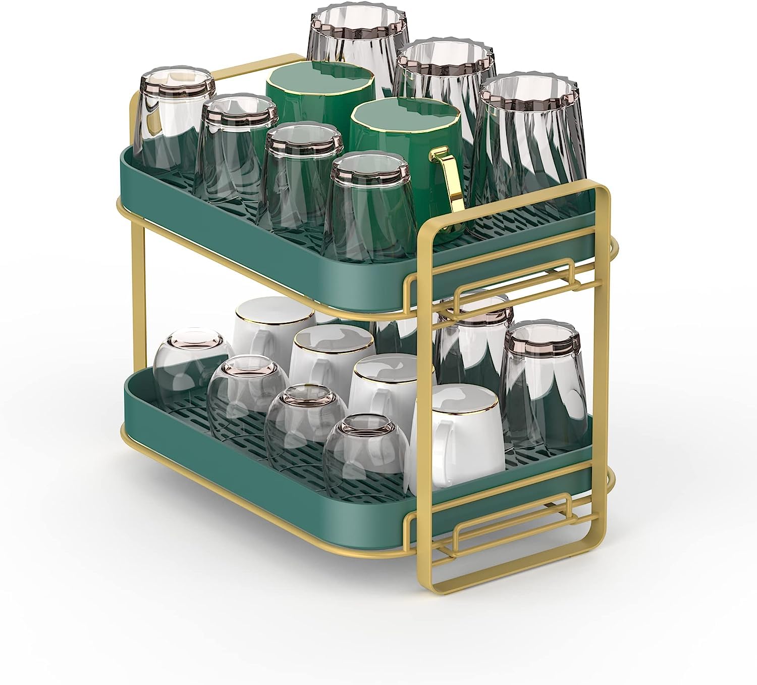 2-Tier Cup Storage Rack - Double Layer Tea & Coffee Mug Organizer with Drain Tray - Space Saving Kitchen Countertop Organizer for Glassware, Cups and Mugs - Perfect for Home, Office or Restaurant Use
