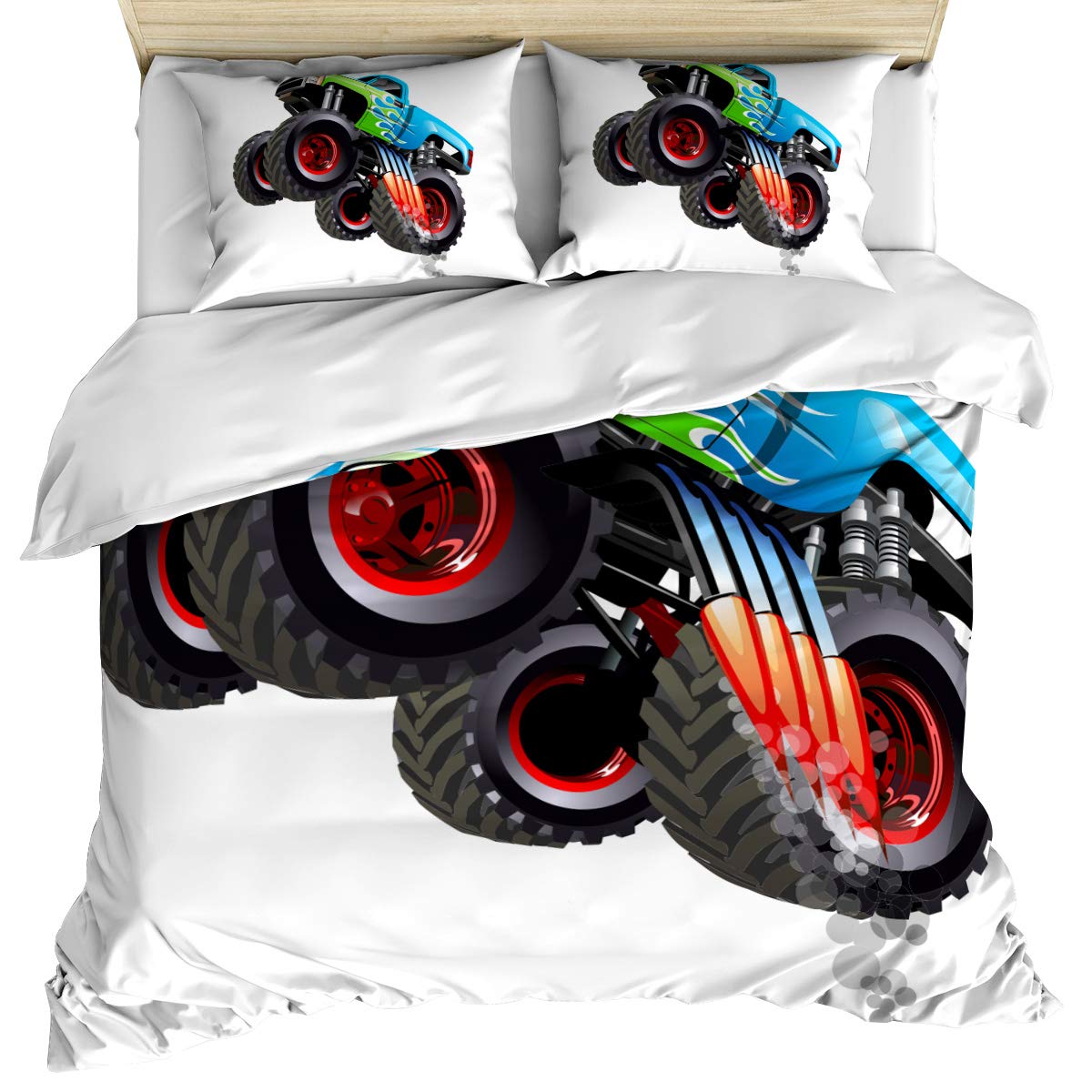 3 Piece Monster Truck Bedding Set - Twin Size Comforter, Duvet Cover & 2 Pillow Shams | Colorful Cartoon Vehicle Design for Kids, Teens & Adults | Perfect for Boys' Room, Dorm Decor or Gift Idea