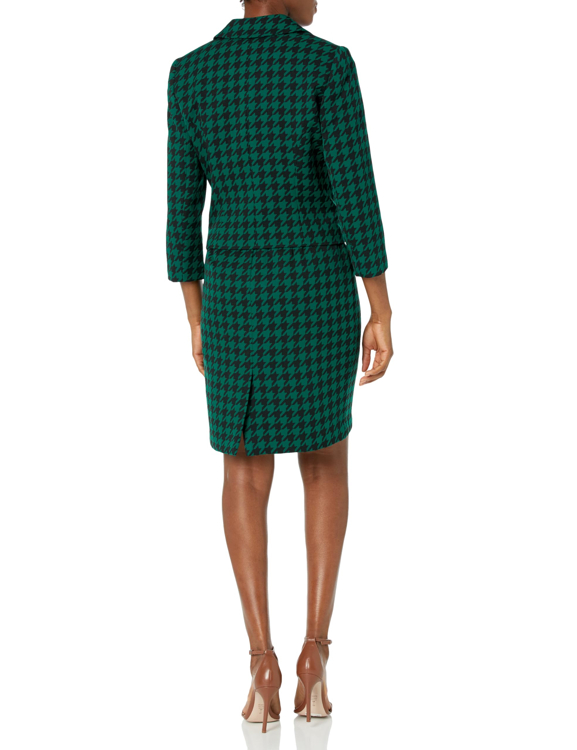 Women's Stylish 3-Button Peter Pan Collar Houndstooth Blazer & Sheath Dress Suit Set - Elegant Office Wear & Cocktail Party Outfit