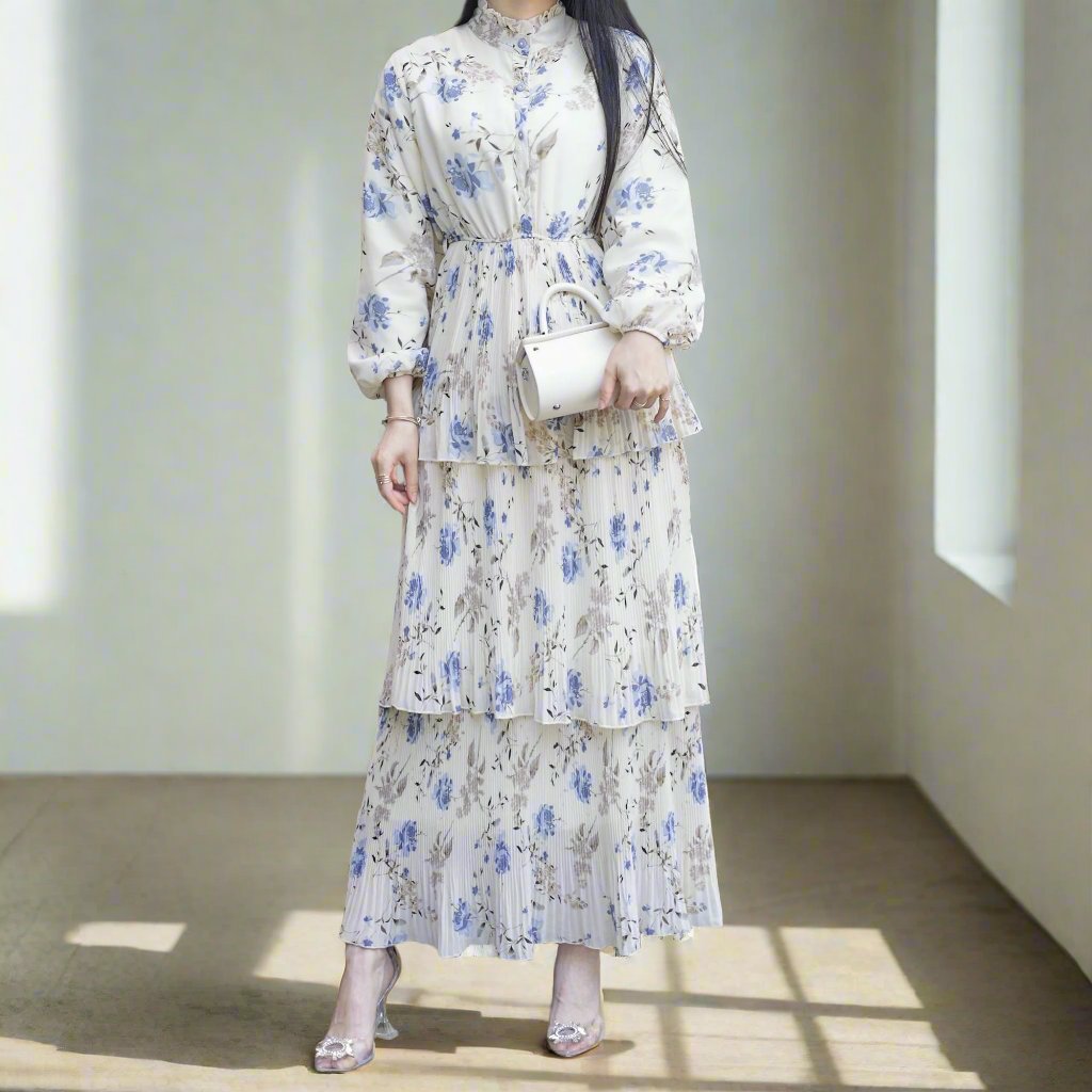Elegant Fleur Maxi Dress in Ivory & Blue - Perfect for Summer Weddings, Beach Vacations & Boho Fashion