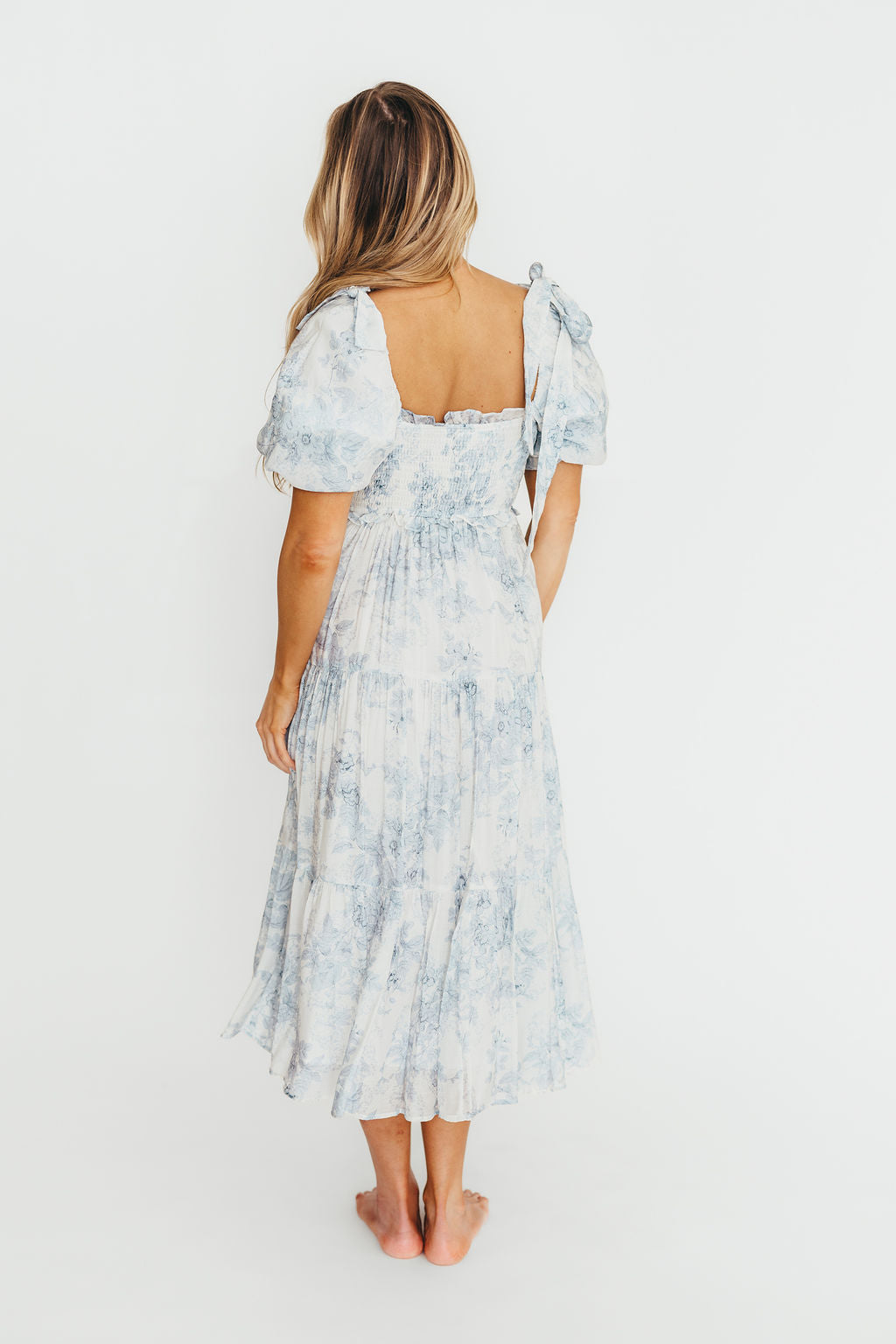 Elena Floral Print Smocked Midi Dress in Blue - Bump Friendly Maternity Dress & Inclusive Sizing for Women - Perfect for Baby Showers, Bridal Events & Summer Weddings
