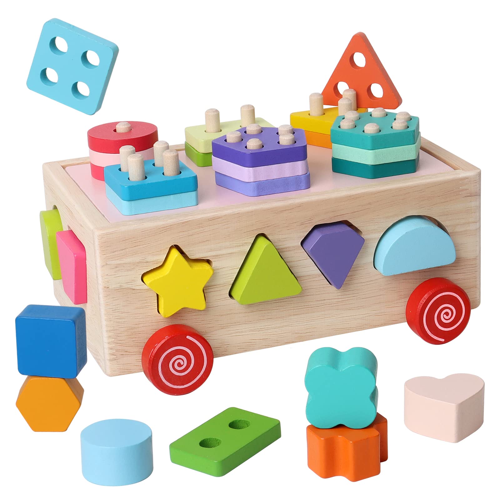 Montessori Wooden Shape Sorting & Stacking Puzzle Toy - Educational Learning Blocks for Toddlers & Kids - Color Recognition & Fine Motor Skills Development - Perfect for Preschool, Daycare & Home Playtime