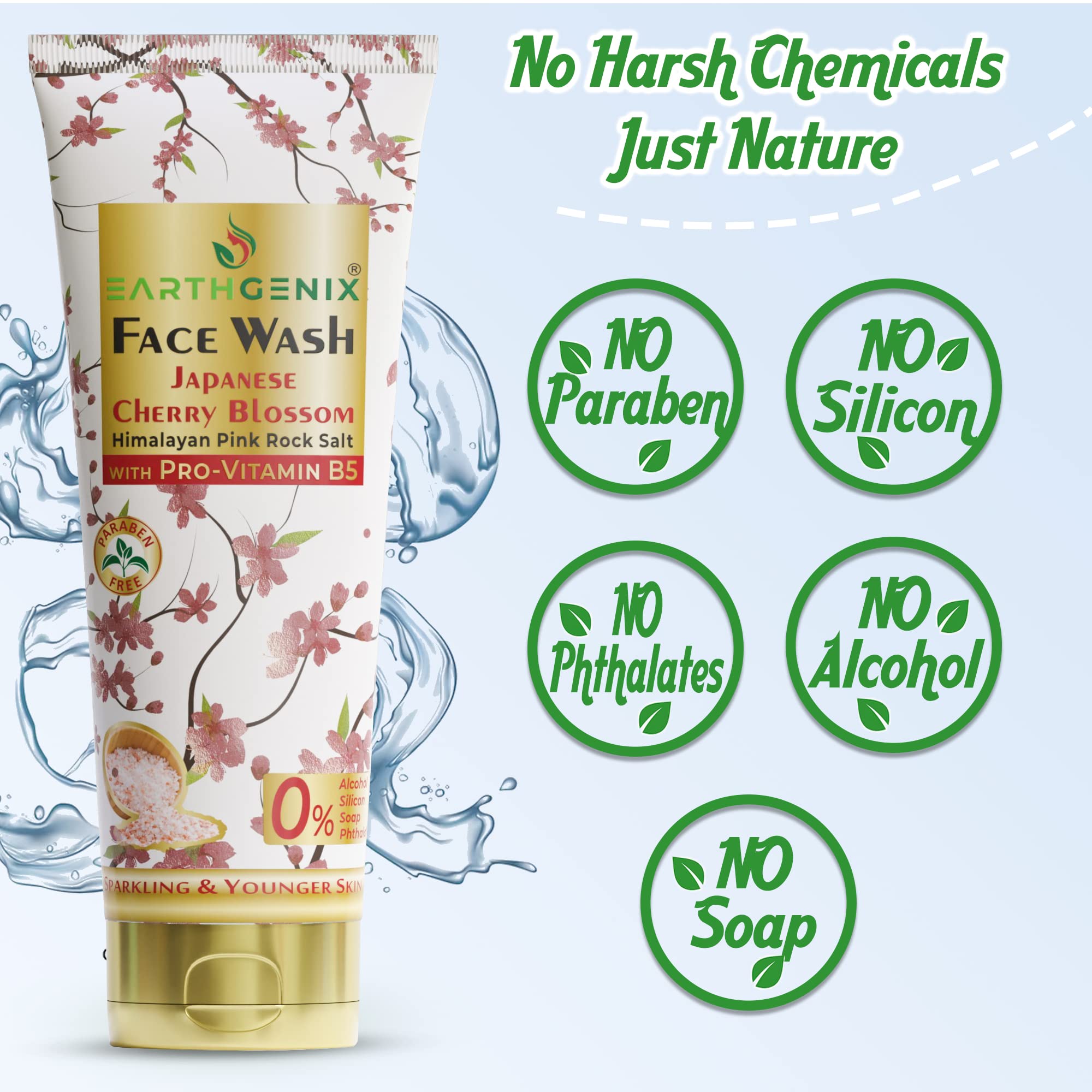Earthgenix Japanese Cherry Blossom & Himalayan Pink Salt Face Wash with Pro-Vitamin B5 - 100ml (Pack of 2) - Brightening & Anti-Aging Cleanser for All Skin Types - Women & Men - Daily Skincare Routine for Glowing Complexion