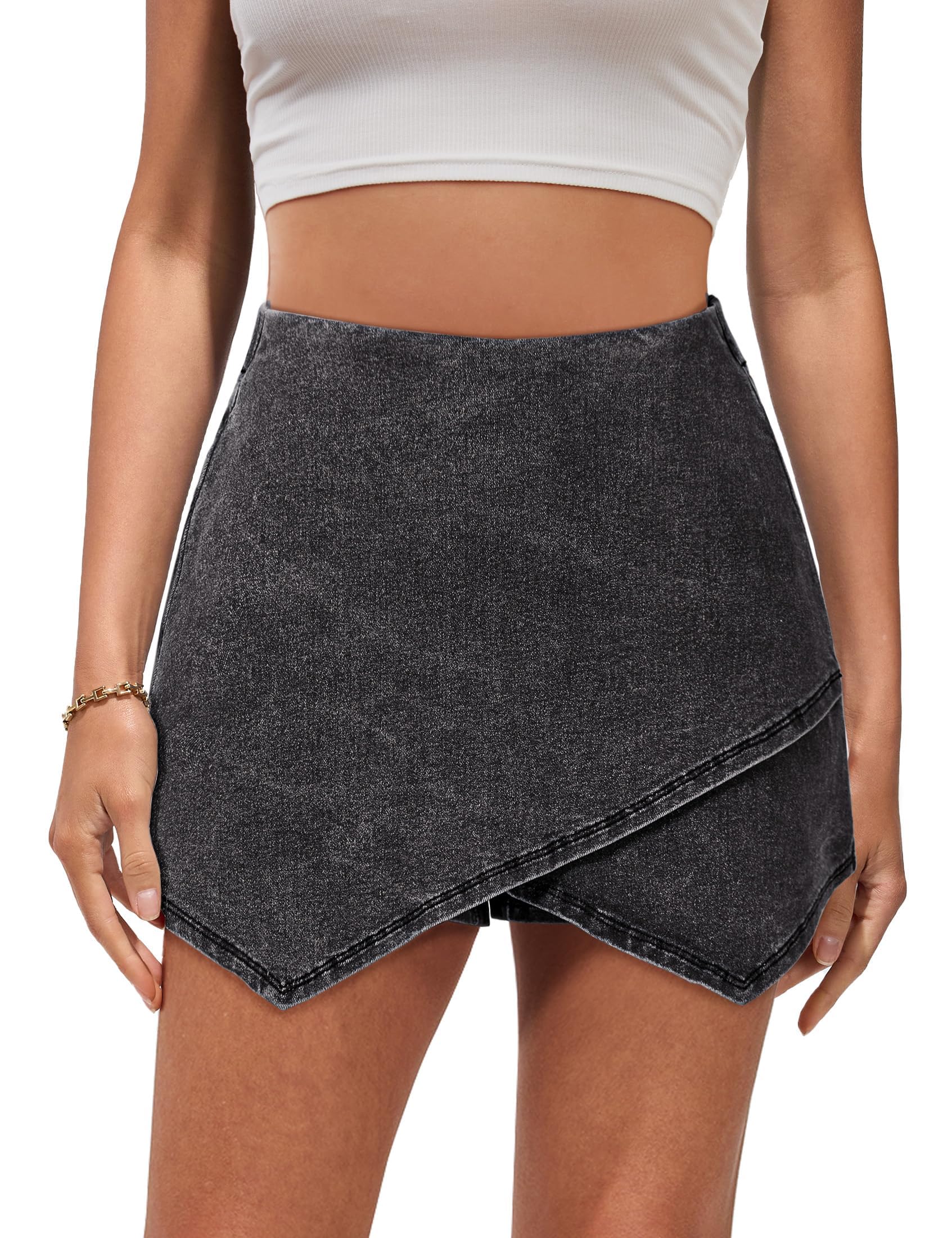 Luvamia Women's High Waisted Stretchy Denim Skorts - Pull On Wrap Skirt with Built-in Shorts, Asymmetrical Trendy Design for Casual Wear, Summer Outfits & Outdoor Activities