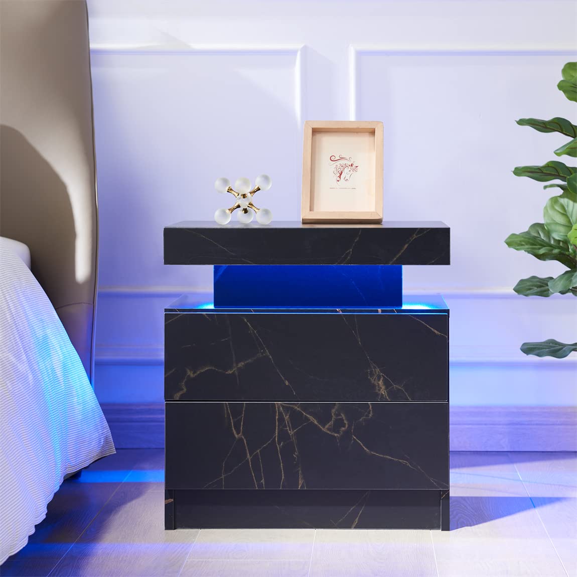 2 Drawer Nightstand with RGB LED Lights - Modern Bedside Table for Bedroom, Living Room, or Office - Marbled Wooden Finish (Black Marble) - Perfect for Small Spaces, Apartment Decor & Ambient Lighting