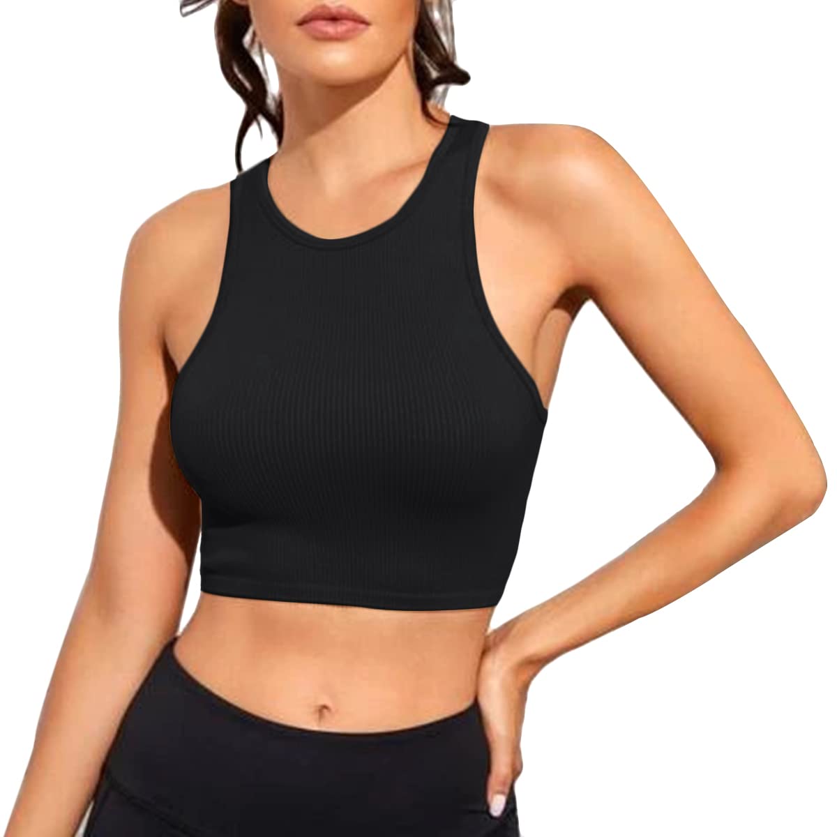 Women's Ribbed Seamless Tank Tops - Stretchy Round Neck Workout Shirts for Yoga, Gym & Casual Wear | Breathable Basic Tops for Women