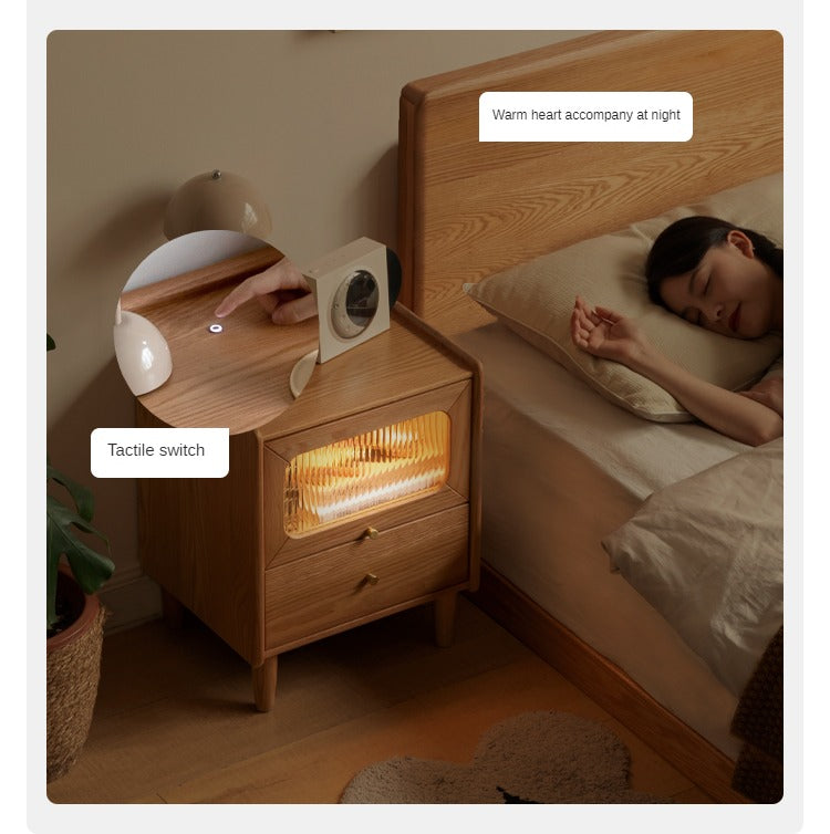 Solid Oak Wood Nightstand with Built-in LED Light - Modern Bedside Table for Bedroom, Living Room, or Office