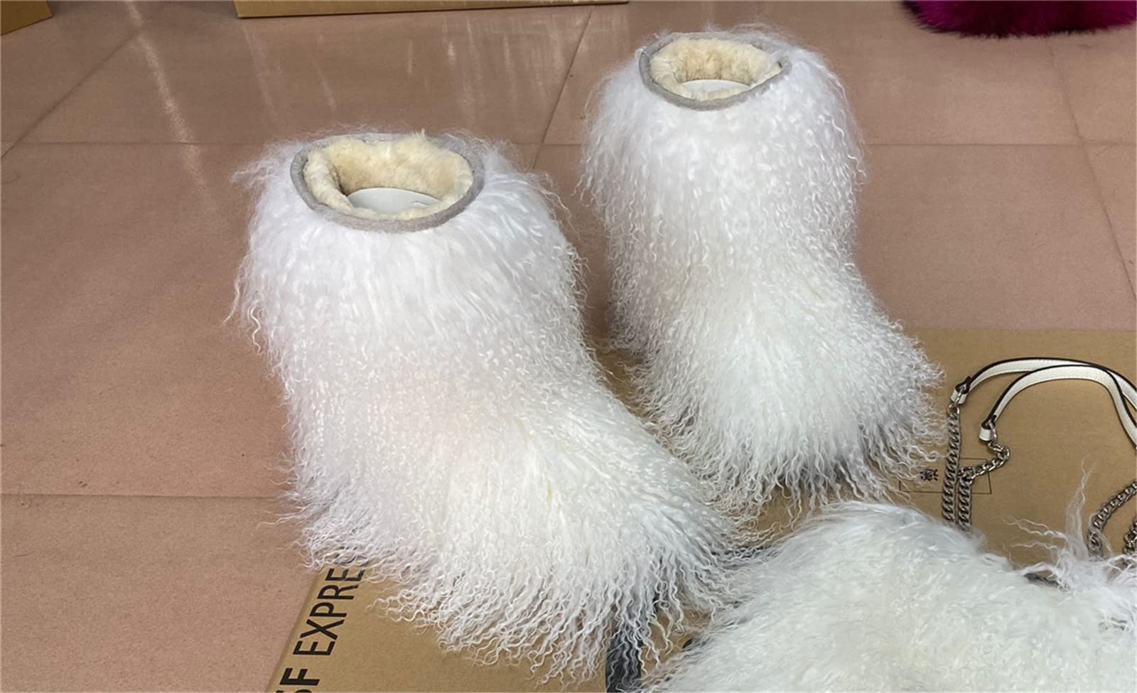 MSD-1 Women's Genuine Mongolian Sheepskin Fur Boots - Long Curly Hair Winter Snow Boots for Ladies & Girls | Warm Fluffy Shearling Booties for Skiing, Outdoor Activities & Christmas Gifts (Size 9, White)