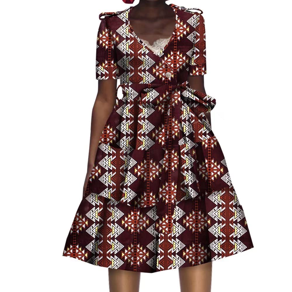 BAZINRICHE African Print Dresses for Women - Short Sleeve Party Dress with Waist Belt & Knee Length Skirt | Perfect for Casual Wear, Beach Vacation, and Summer Parties