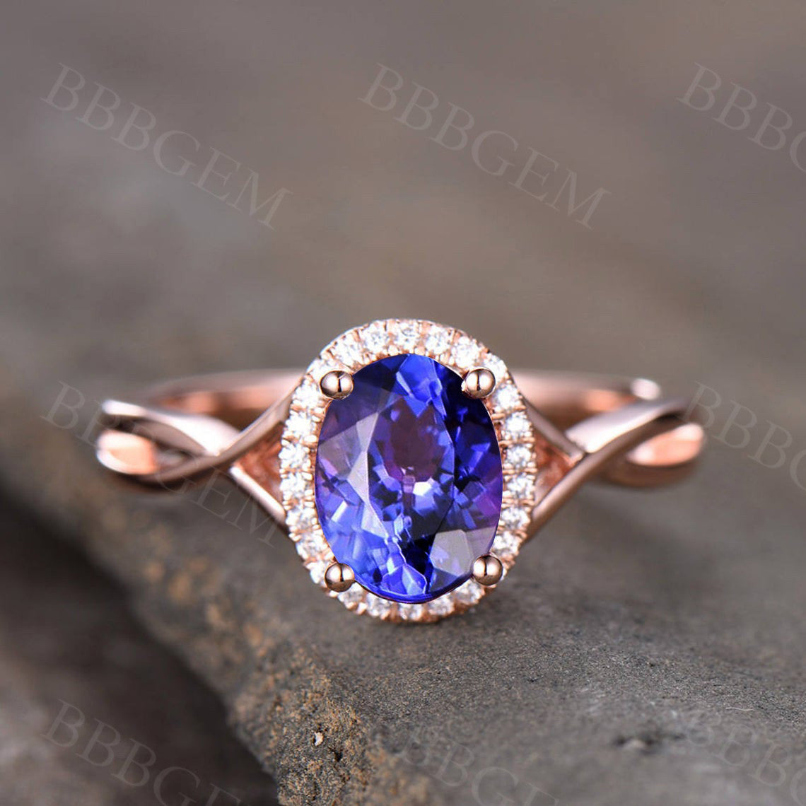Oval Tanzanite Engagement Ring with Diamond Halo in Rose Gold – Elegant Bridal Jewelry for Weddings & Proposals