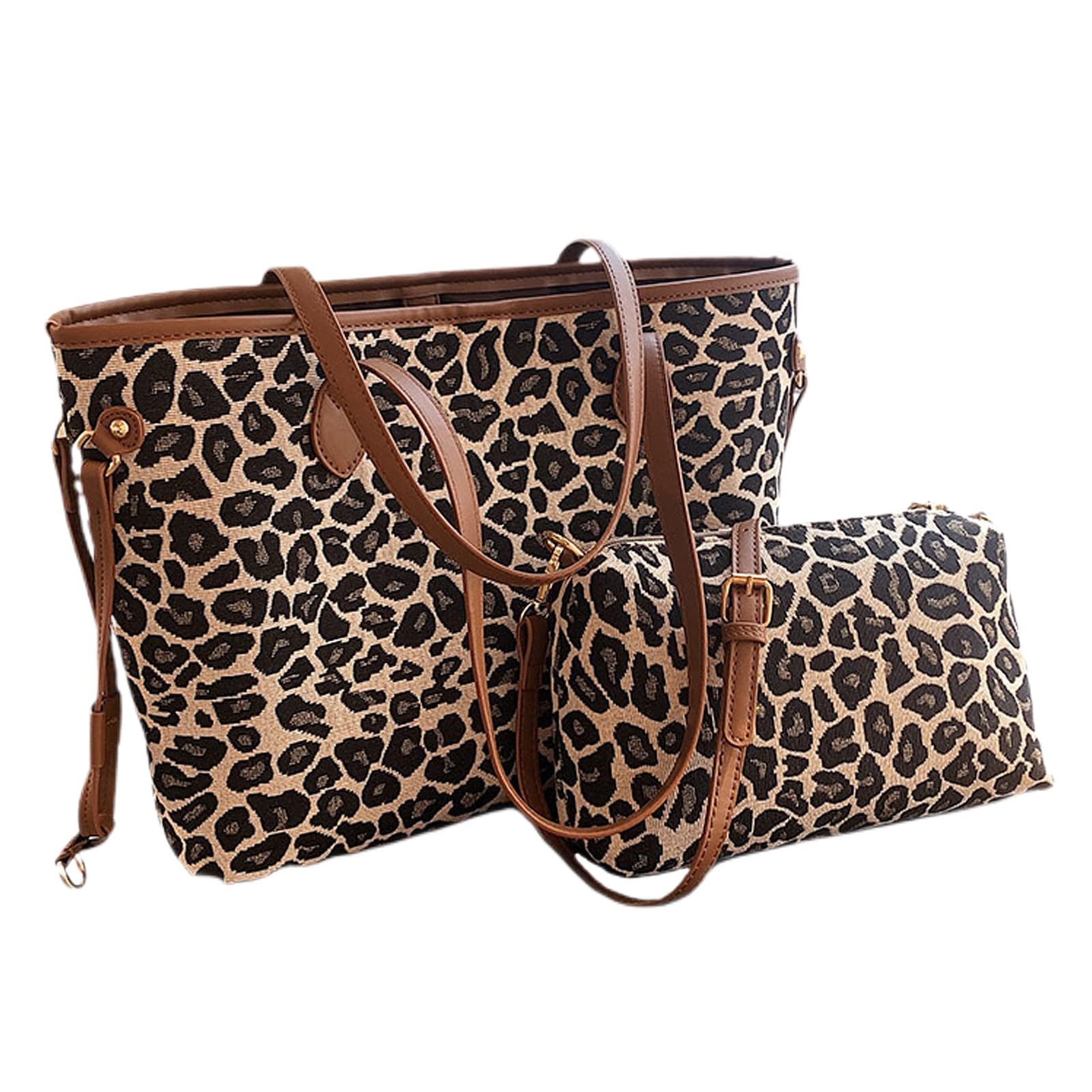 Large Leopard Print Canvas Beach Tote Bag for Women - 2 Piece Set with Shoulder Bag & Crossbody Bag - Perfect for Vacation, Pool, Shopping and Travel Accessories