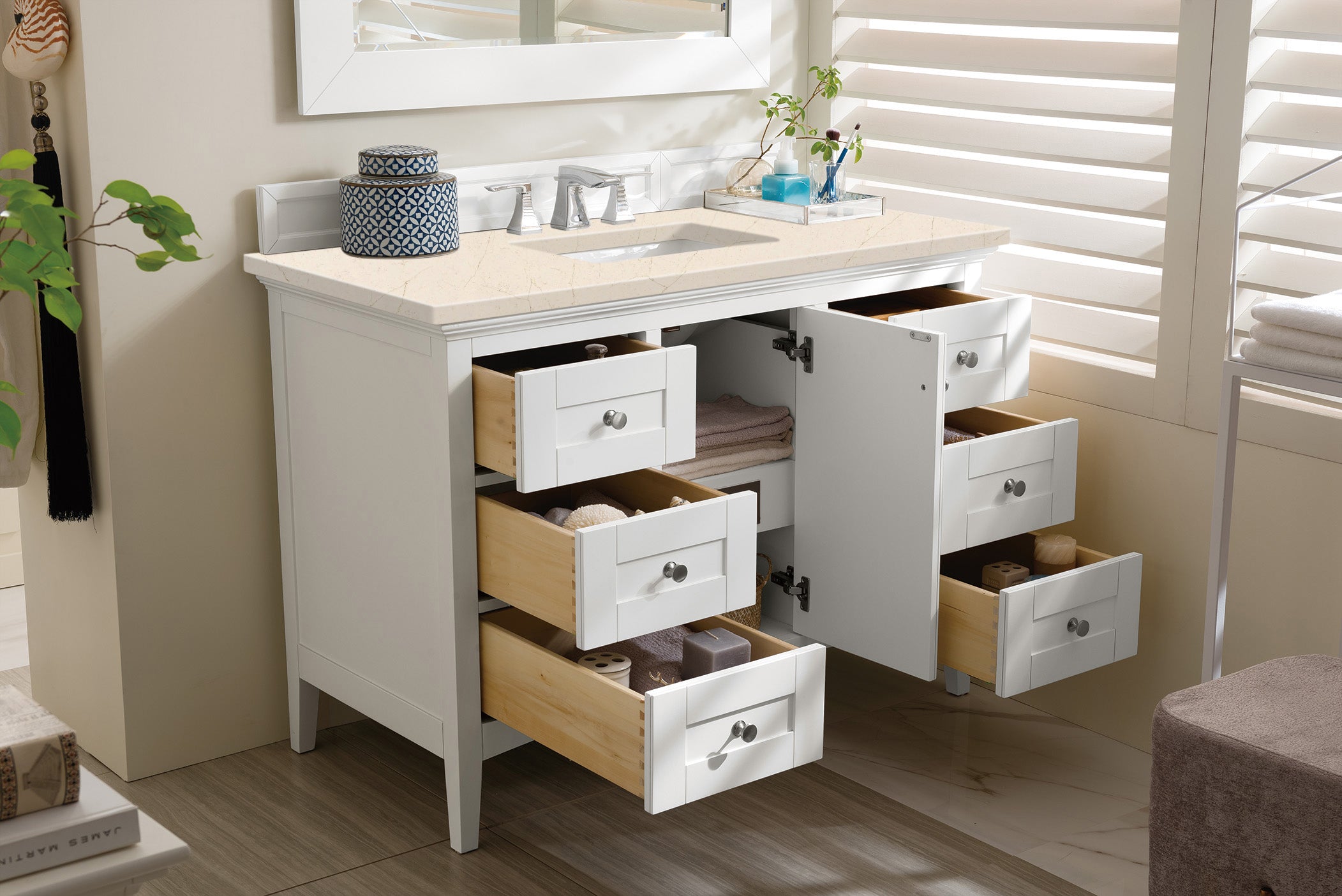 Palisades 48 Inch Single Bathroom Vanity Set with 3CM Eternal Marfil Quartz Countertop in Bright White - Perfect for Modern Bathroom Remodeling and Home Renovation Projects