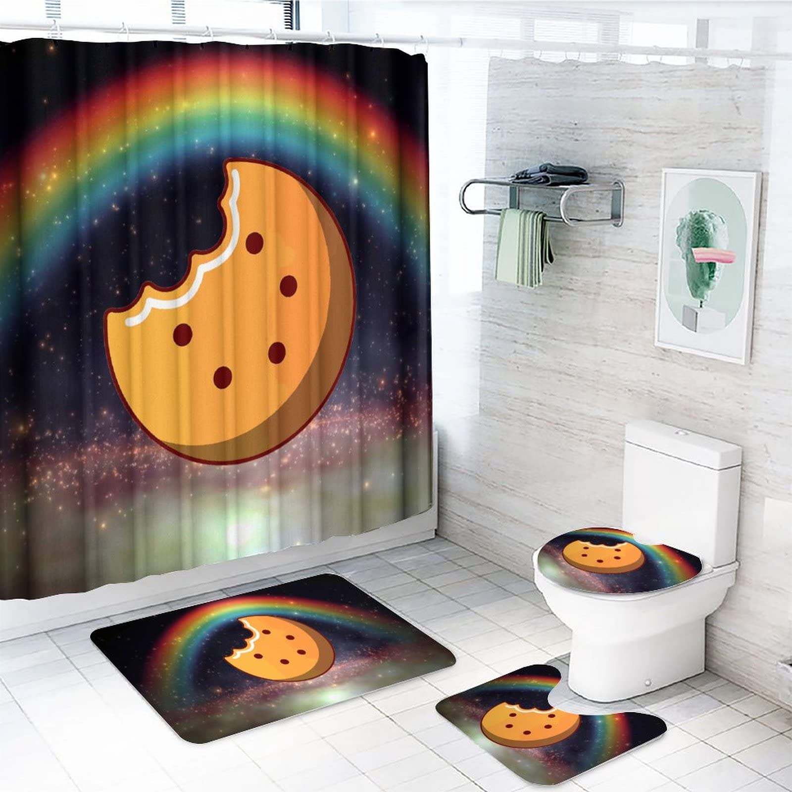 16-Piece Non-Slip Bathroom Rug Set - Includes Bath Mat, Contour Mat, Toilet Cover, Shower Curtain & 12 Hooks | Fashion Bath Decor for Home, Apartment & Guest Bathroom | Waterproof & Soft Microfiber