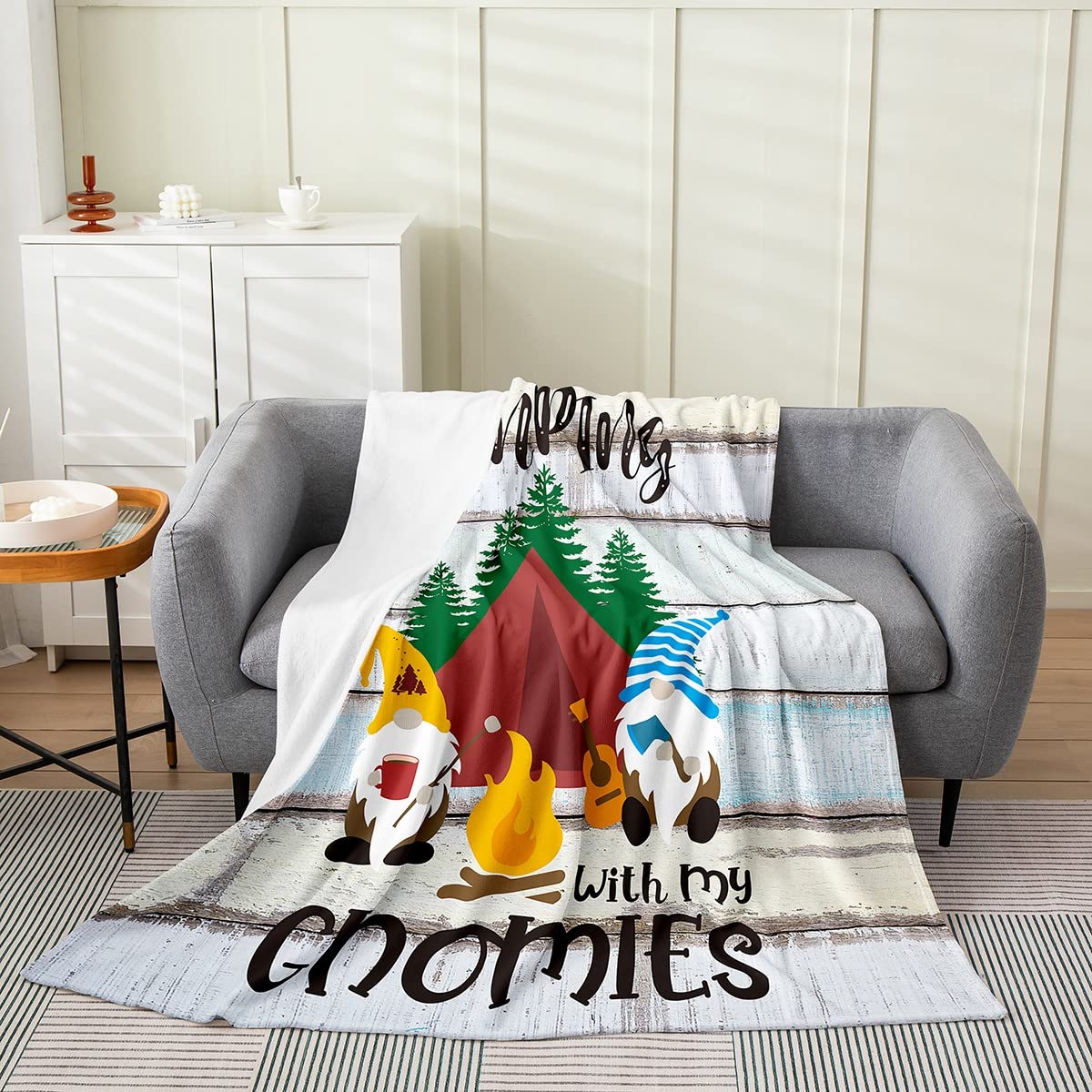 Soft Cozy Camper Fleece Throw Blanket 50x60 inches - Cute Gnome & Cartoon Gnomies Design for Kids, Girls | Perfect for Camping, Bed, Sofa & Couch | Farmhouse Rustic Decor Plush Blanket | Ultra Soft Fuzzy Flannel Throw for Winter & Home Decor