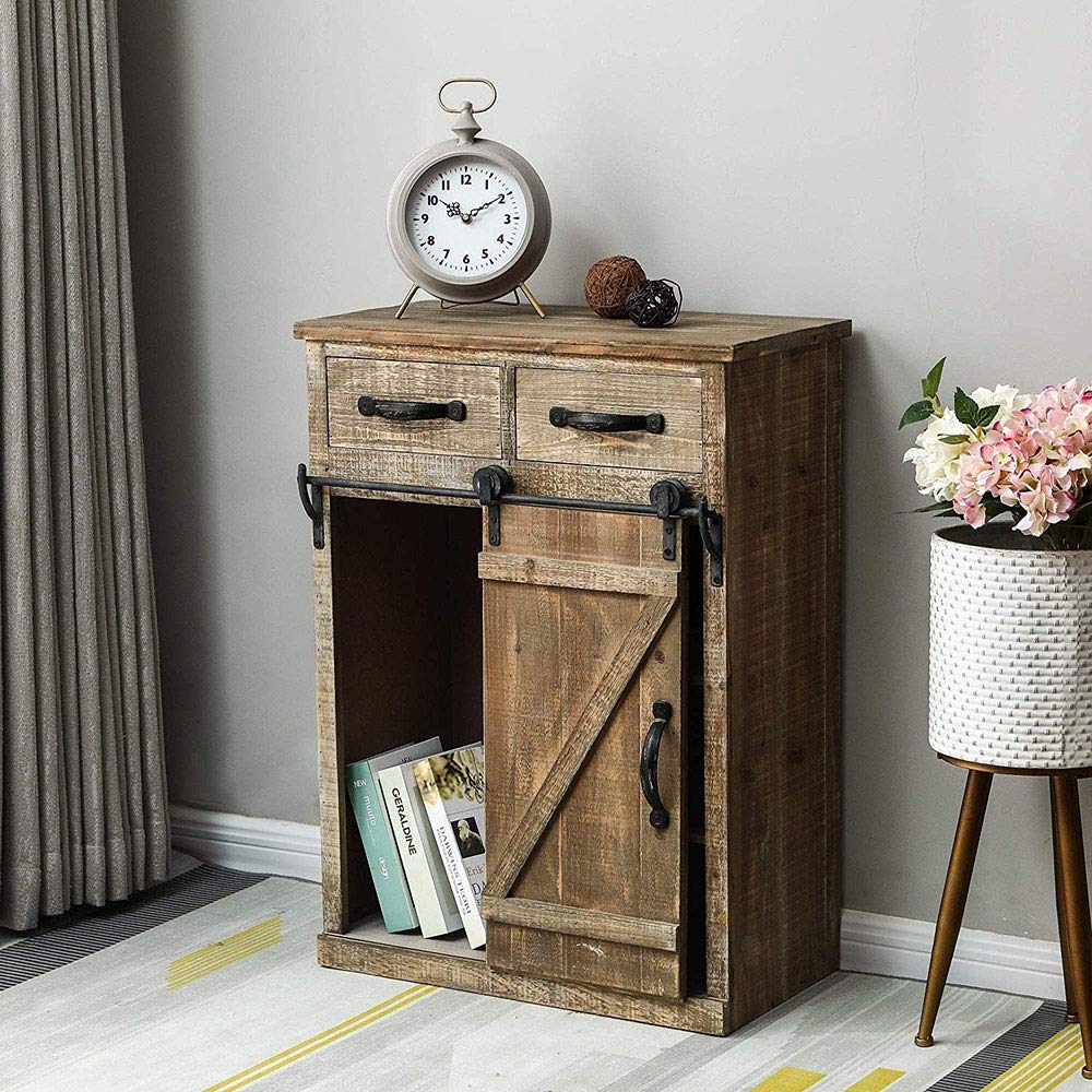 Rustic Wood Storage Cabinet with Barn Door - Fully Assembled Farmhouse Console Table, Vintage End Table for Living Room & Bedroom - Perfect for Home Organization and Country Style Decor