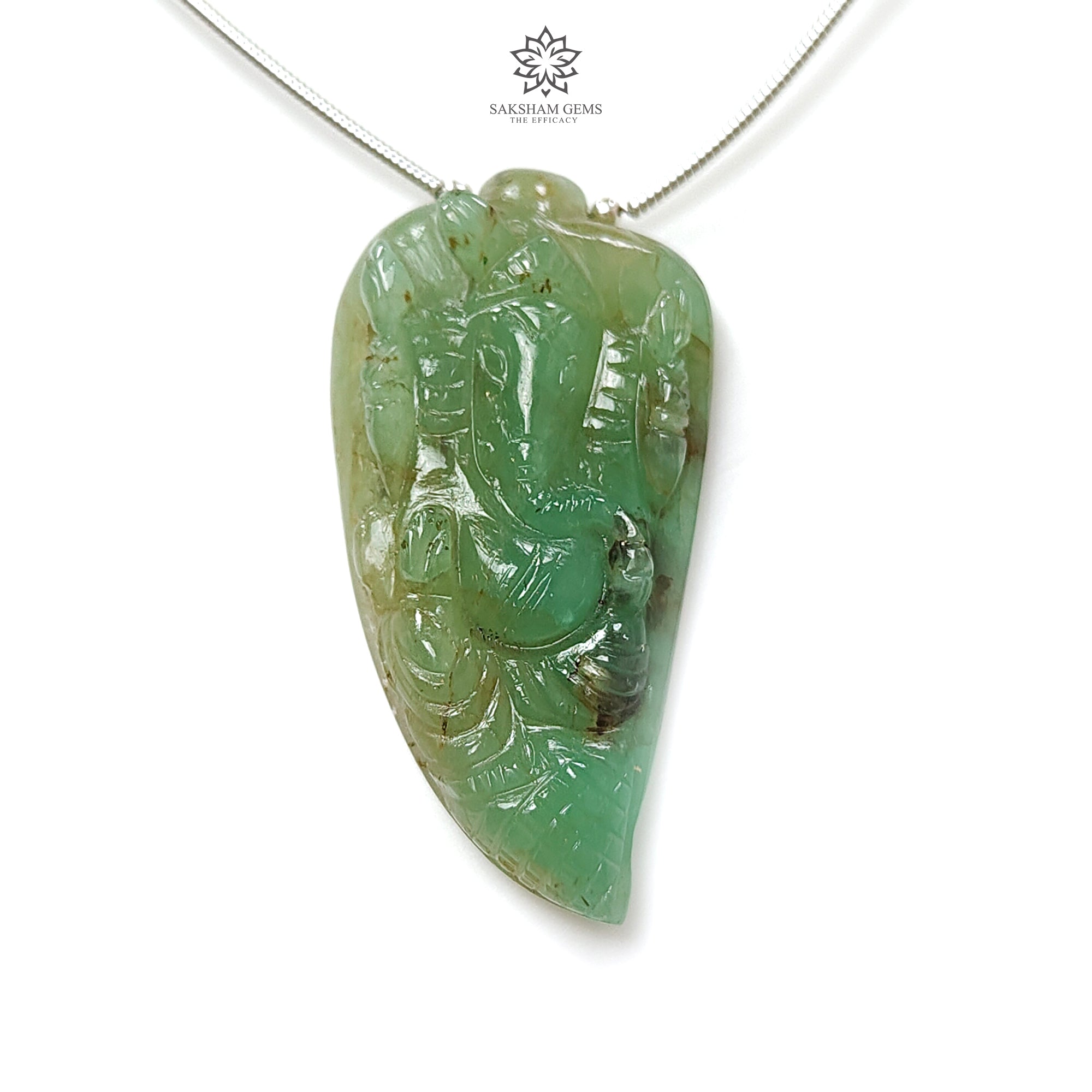 Natural Untreated Green Emerald Loose Beads - 39.50cts May Birthstone, Lord Ganesha Carved Gemstone (38x20mm) for Jewelry Making, Meditation & Spiritual Healing
