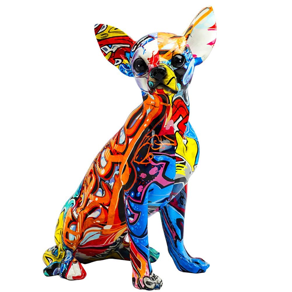 Colorful Resin Sitting Chihuahua Dog Statue - Modern Graffiti Puppy Figurine for Home & Office Decor - Perfect for Living Room, Desk, Bookshelf and Gift Giving Scenes