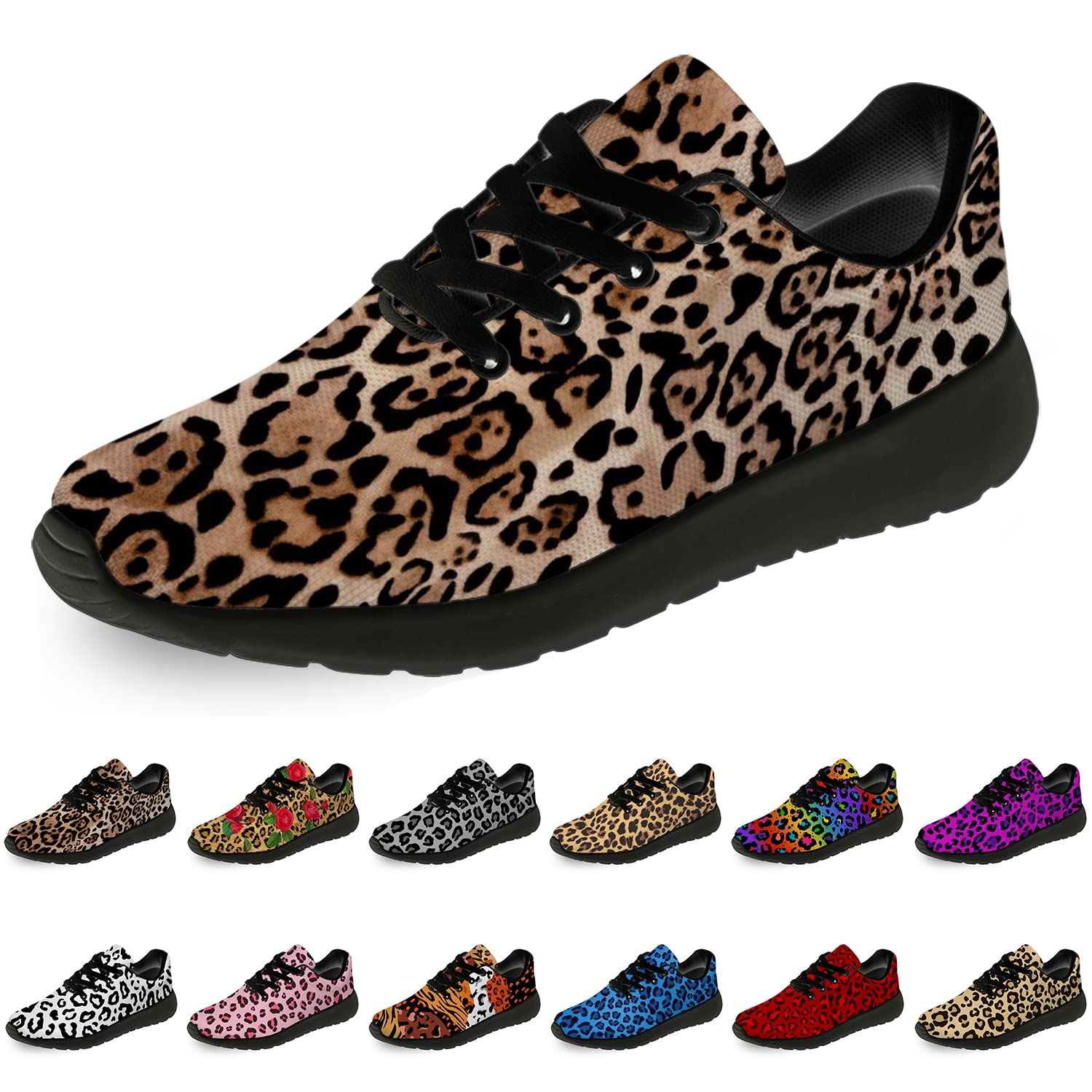 Leopard Print Running Shoes for Women & Men - Cheetah Animal Print Tennis Sneakers for Walking, Jogging, Gym - Brown & Black Beige Gifts for Boys & Girls (Size 7 Men/8.5 Women) - Perfect for Casual Wear, Sports & Fashion Outfits
