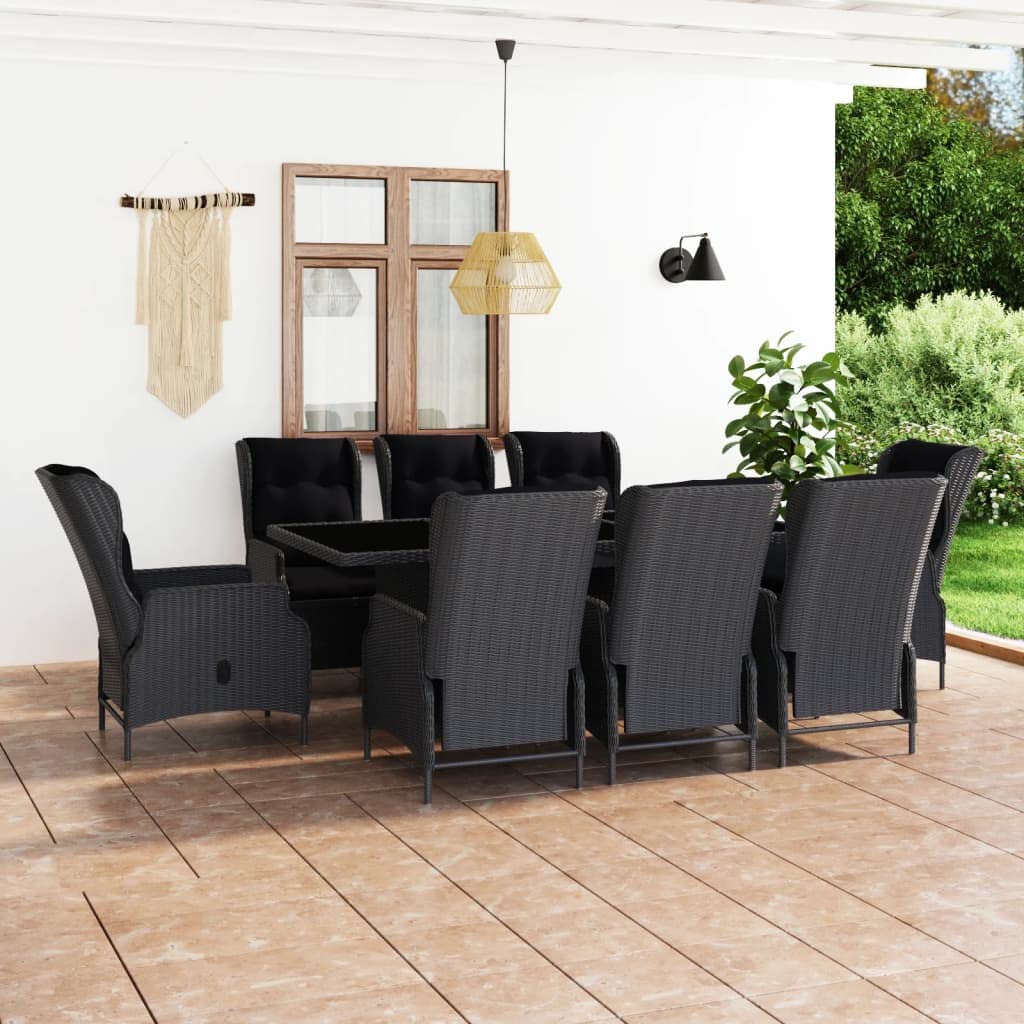 vidaXL 9-Piece Outdoor Patio Dining Set - Durable Poly Rattan Furniture with Reclining Chairs & Tempered Glass Tabletop - Black Cushions - Perfect for Garden, Backyard, and Poolside Entertaining