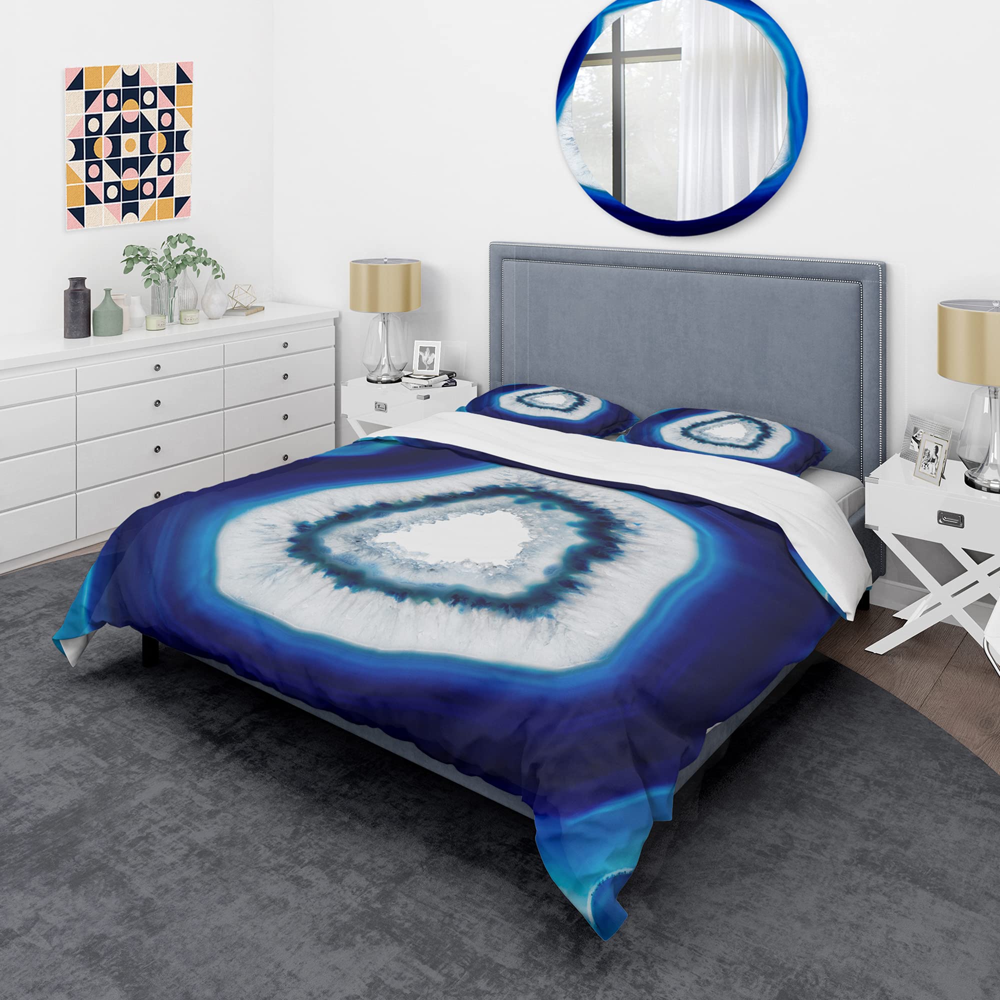 Blue Agate Crystal Duvet Cover Set King - Modern Abstract Bedding for All Seasons