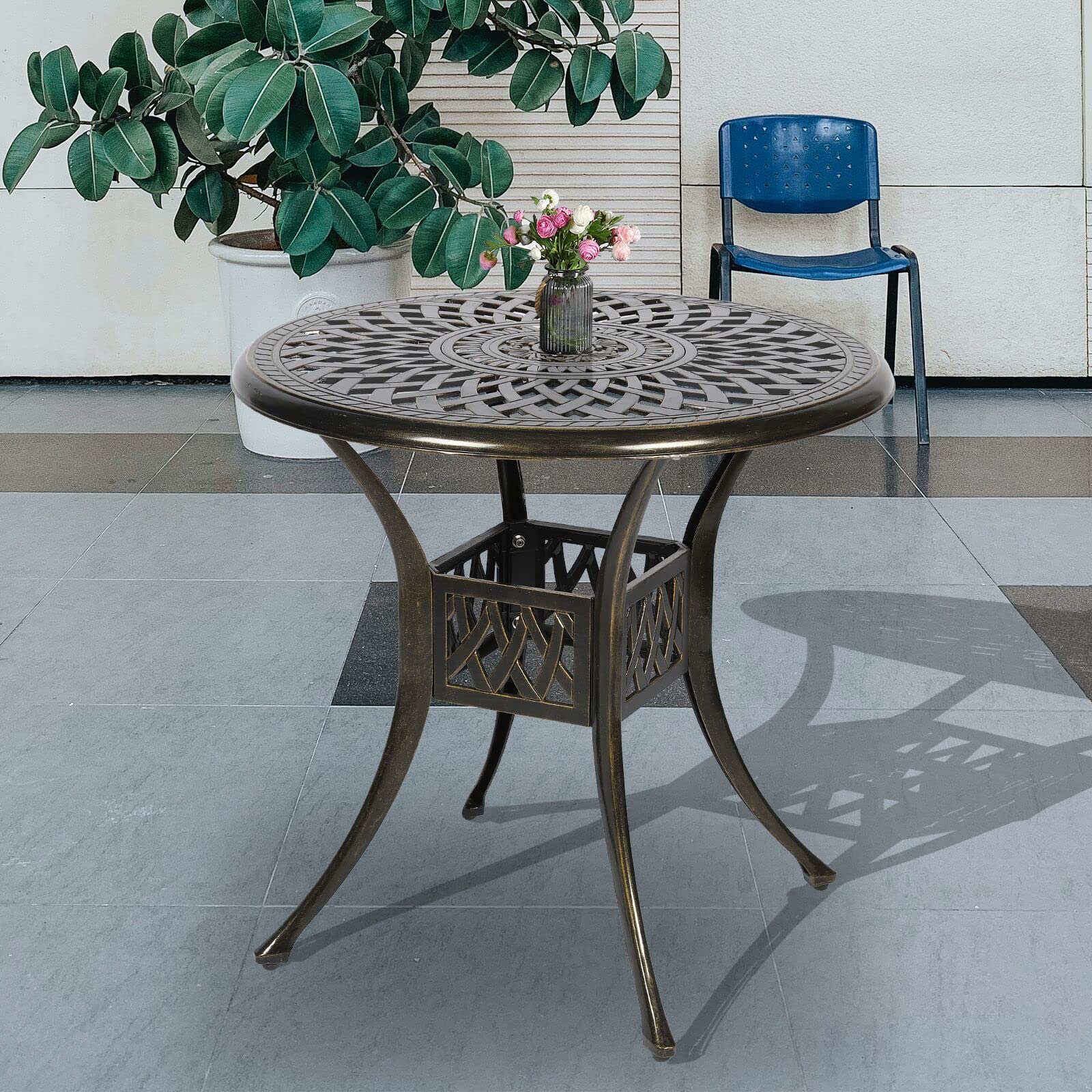 31 Inch Round Outdoor Dining Table - Bronze Cast Aluminum Patio Bistro Table with Umbrella Hole - Rustic Large Table for Backyard, Garden & Poolside Gatherings