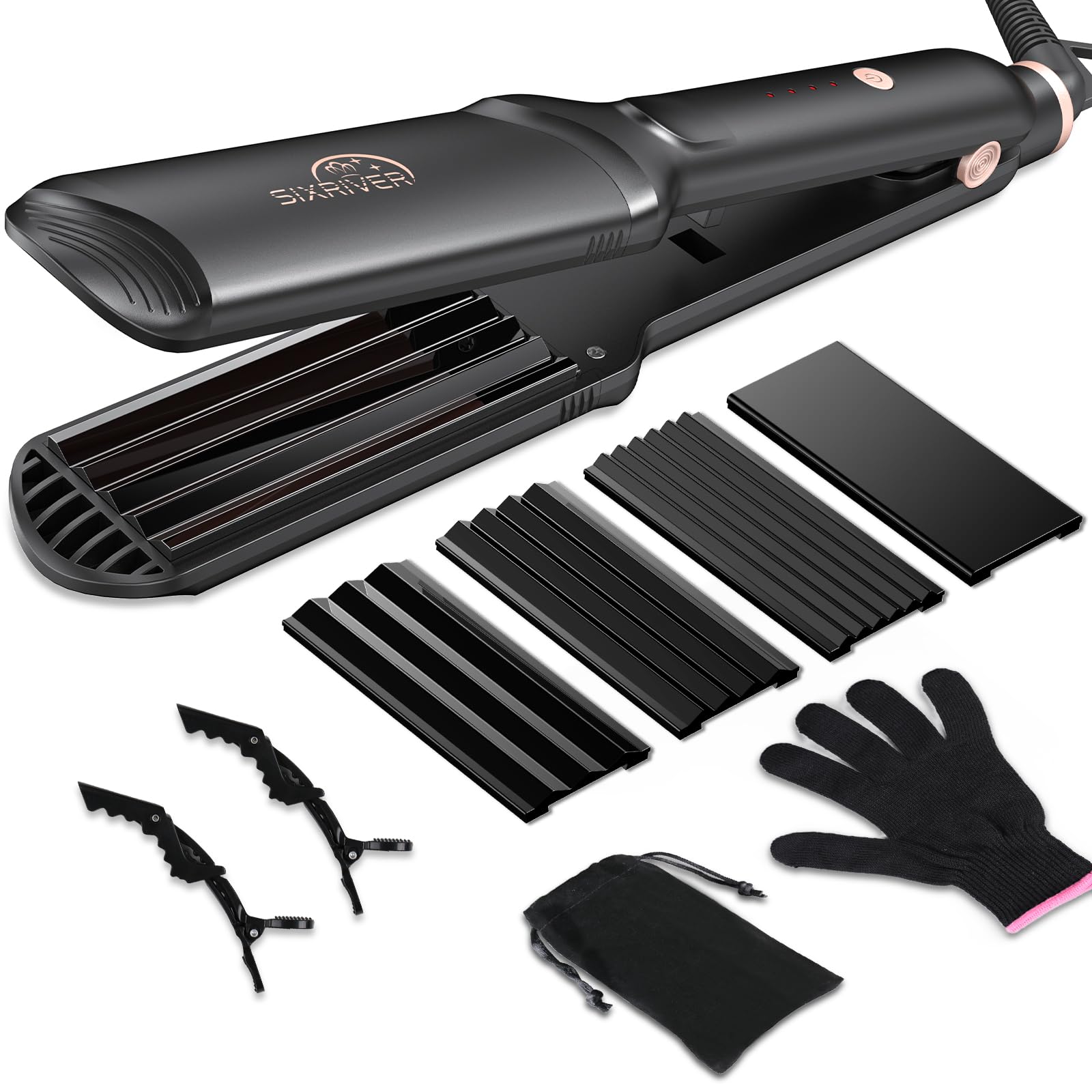 Professional Ceramic Hair Crimper for Women - 4-in-1 Waver & Flat Iron with Fast 15s Heating, Volumizing Styling Tool for All Hair Types (Black) - Perfect for Beach Waves, Party Hairstyles & Everyday Volume