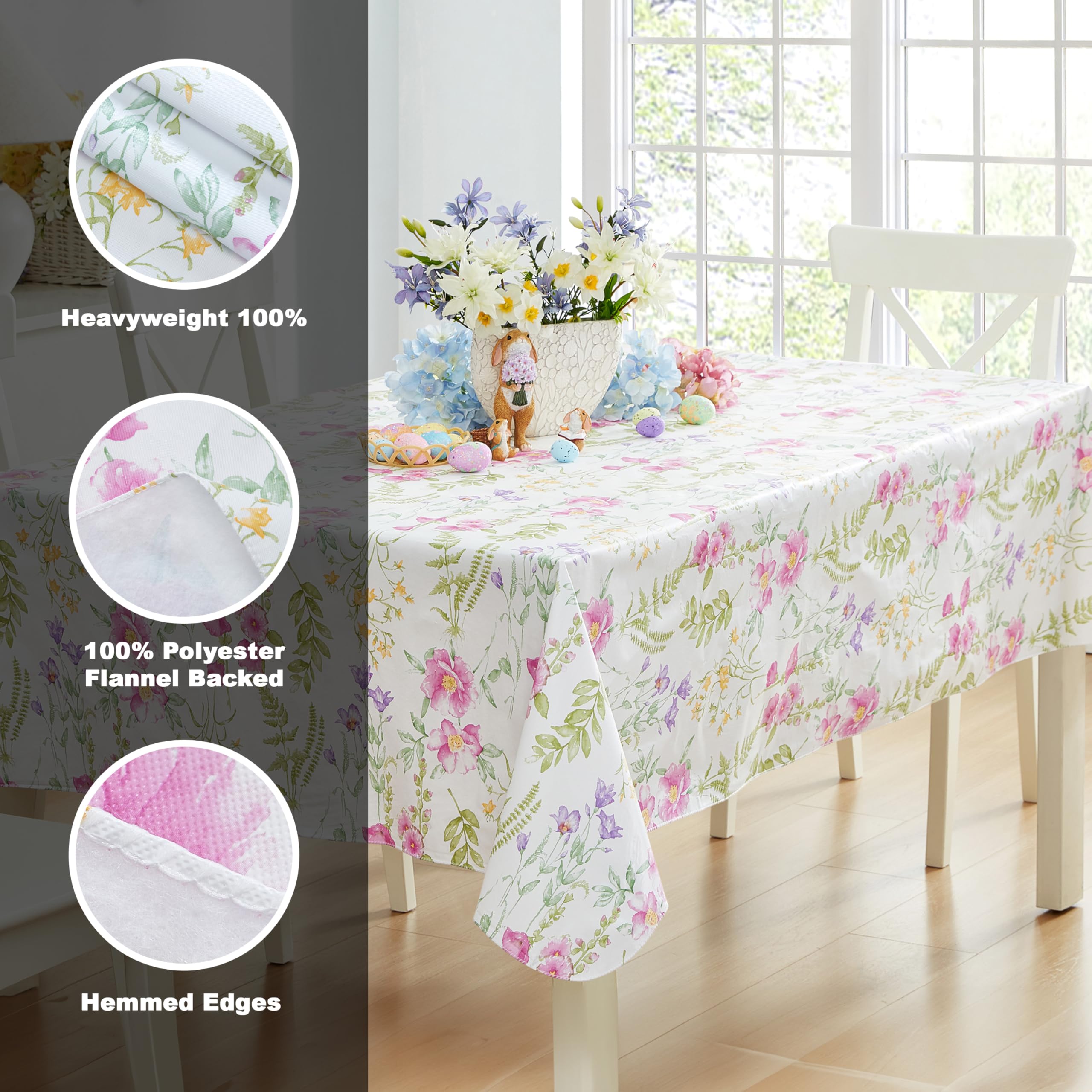 Newbridge Easter Wildflower Fields Floral Vinyl Flannel Backed Tablecloth - 52 x 70 Inch Rectangle, Pink Purple Wild Flowers, Easy Care Waterproof Table Cover for Holiday Parties, Easter Decorations & Spring Dining