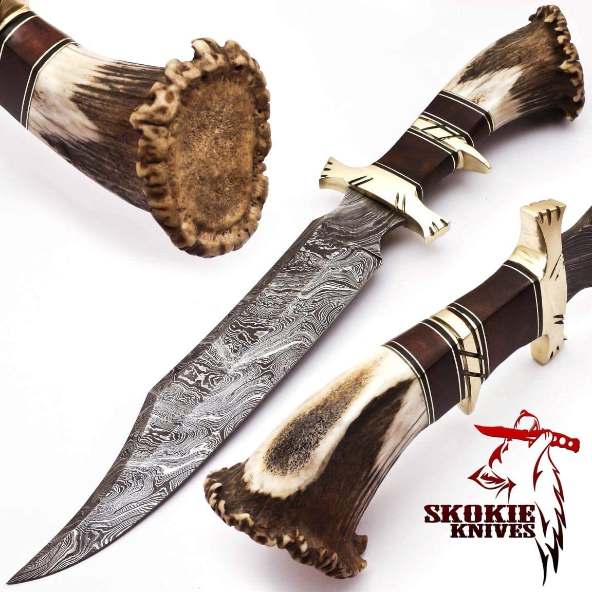 Premium Damascus Steel Hunting Knife with Stag Antler Handle, Burl Wood & Brass Guard – 15