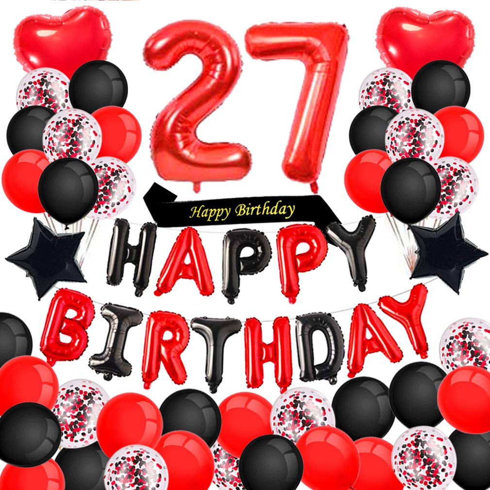 Minhero 27th Birthday Party Decorations Set - Red & Black Happy Birthday Banner, Number 27 Balloons, Birthday Sash with Latex & Confetti Balloons for Women's 27th or 72nd Birthday Celebration - Perfect for Adult Birthday Parties, Milestone Celebrations & Surprise Decorations