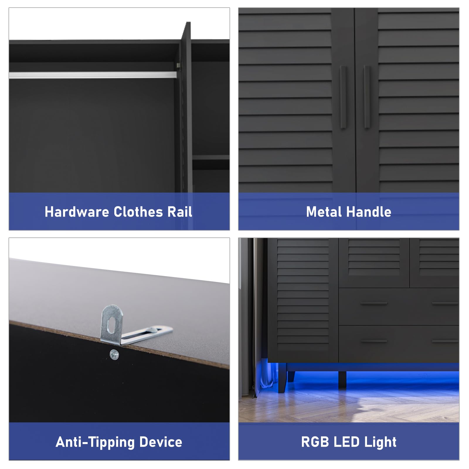 4 Door Armoire Wardrobe Closet with LED Lights, Drawers & Hanging Rod - Large Capacity Storage Cabinet for Bedroom with Multi-Tier Shelves & Louver Doors (Black) - Perfect for Organizing Clothes, Shoes & Accessories in Master Bedroom or Guest Room