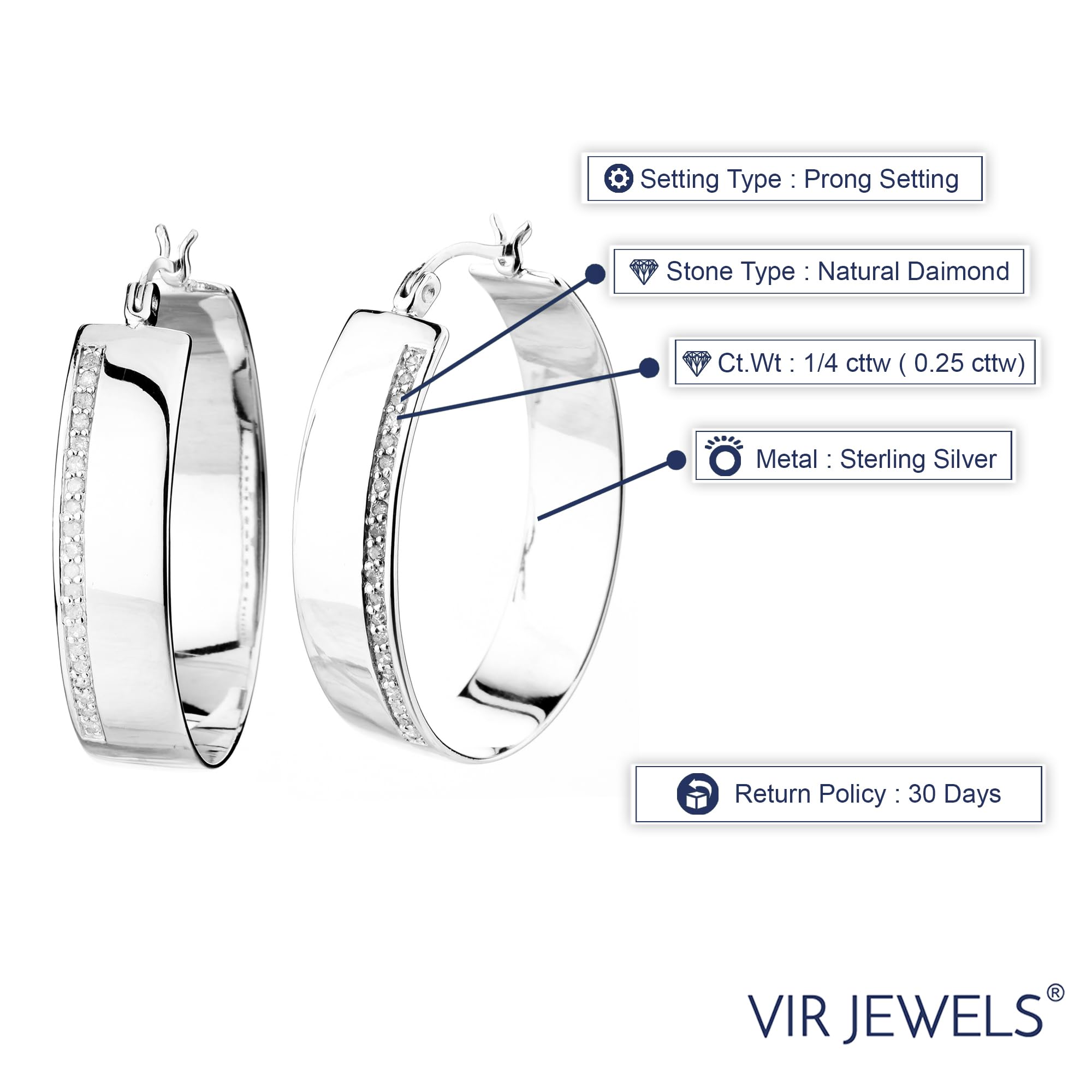 1/4 CTTW Diamond Hoop Earrings .925 Sterling Silver with Rhodium Plating - 1.50 Inch Dainty Stud Earrings for Women, Perfect for Everyday Wear, Date Night & Special Occasions