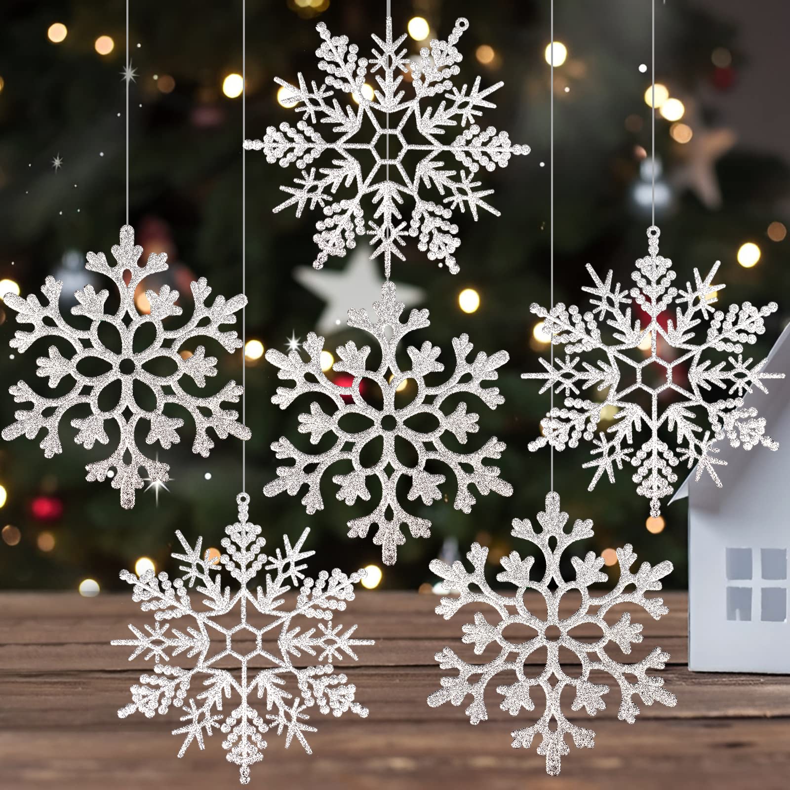 6 Pack Large Silver Snowflake Ornaments - Plastic Christmas Tree Decorations for Winter Wonderland, Holiday Party & Home Decor - Hanging Snowflake Decor for Xmas, Indoor & Outdoor Use