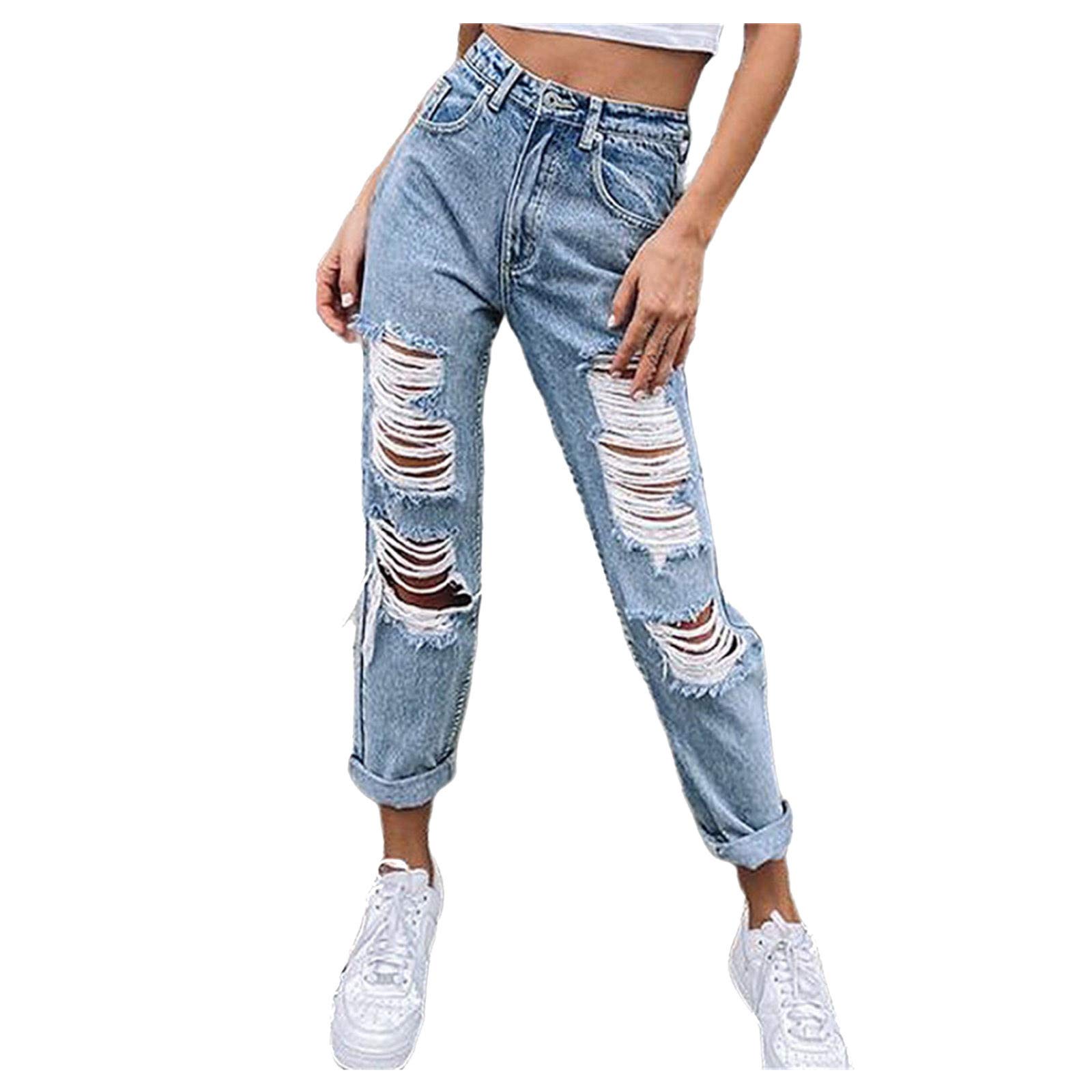 Women's High Waist Ripped Straight Leg Denim Jeans with Slant Pockets | Cargo Style Stretch Pants for Casual Wear & Street Fashion