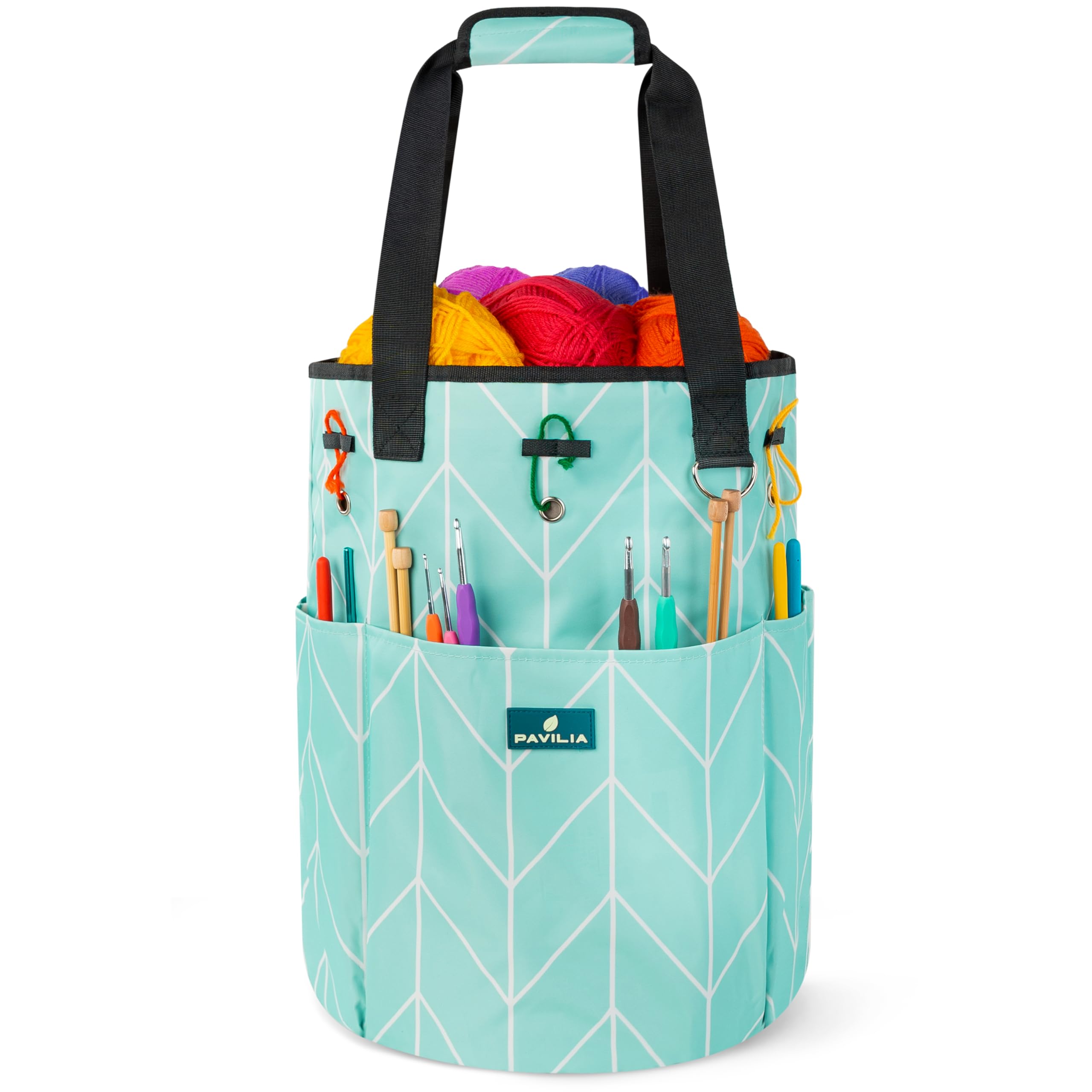 PAVILIA Crochet Yarn Bag Organizer with Grommets - Portable Knitting Storage for Crafters On The Go - Chevron Teal - Perfect Gift for Knitters & Crochet Lovers