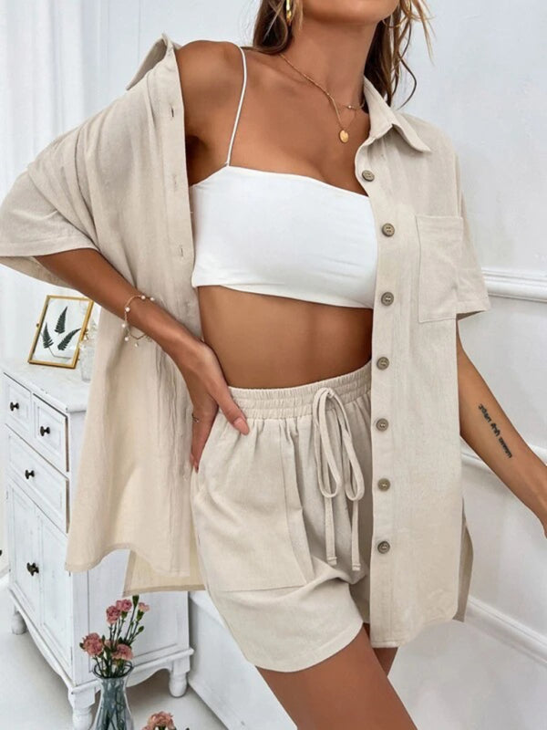 Comfortable Women's Casual 2-Piece Linen Shorts Set - Perfect for Summer Outfits, Beach Vacations & Lounge Wear