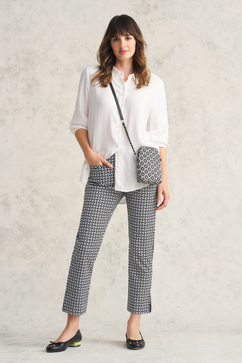 Geo Print Pants for Women - Black & White Geometric Pattern High Waisted Trousers | Stylish Casual & Office Wear