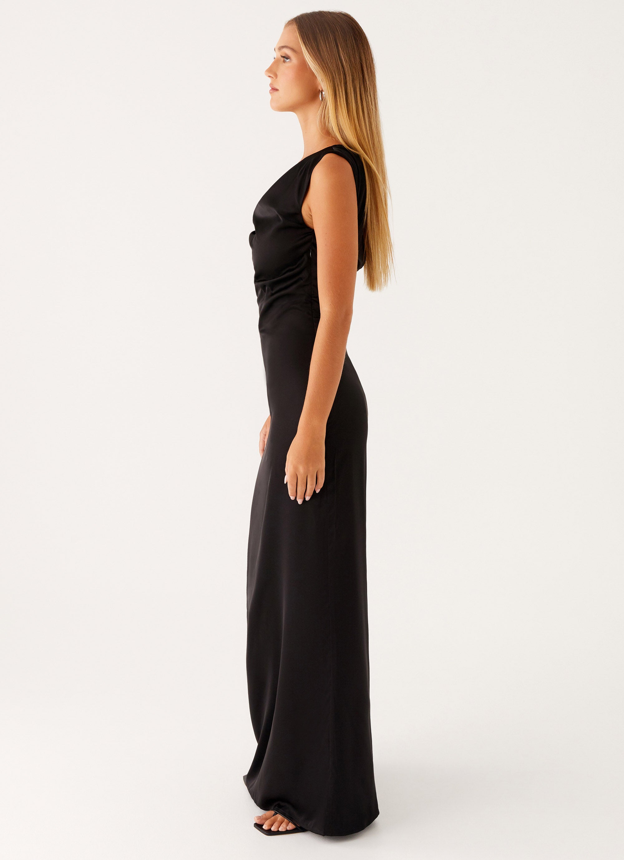 Heart of Glass Satin Maxi Dress - Elegant Black Evening Gown for Women | Perfect for Weddings, Parties & Special Occasions