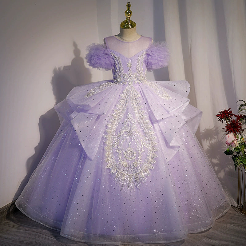 Lilac Princess Round Floor Length Tulle Flower Girl Dress for Weddings, Baptisms & Special Occasions
