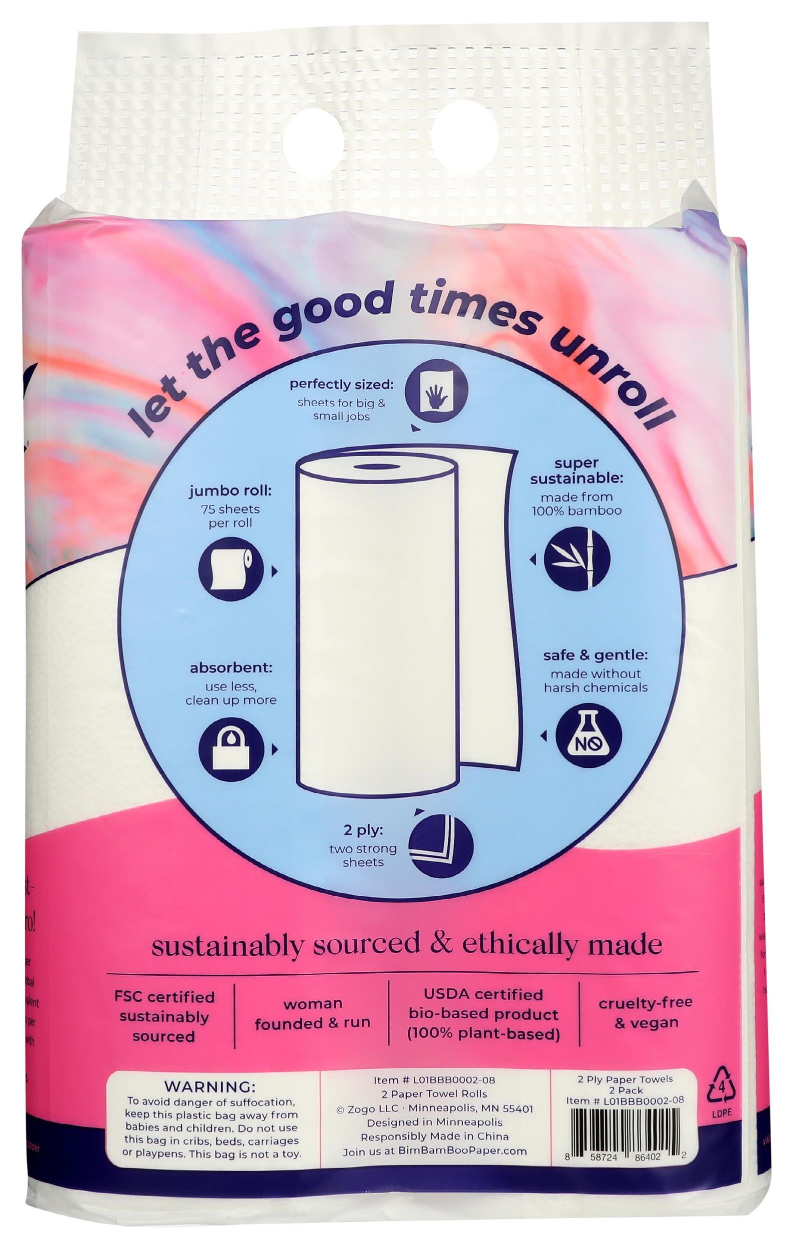 Bim Bam Boo Bamboo Paper Towels - 2-Ply, Eco-Friendly, Reusable & Absorbent - 2 Rolls - Perfect for Kitchen Cleaning, Spills & Sustainable Home Use