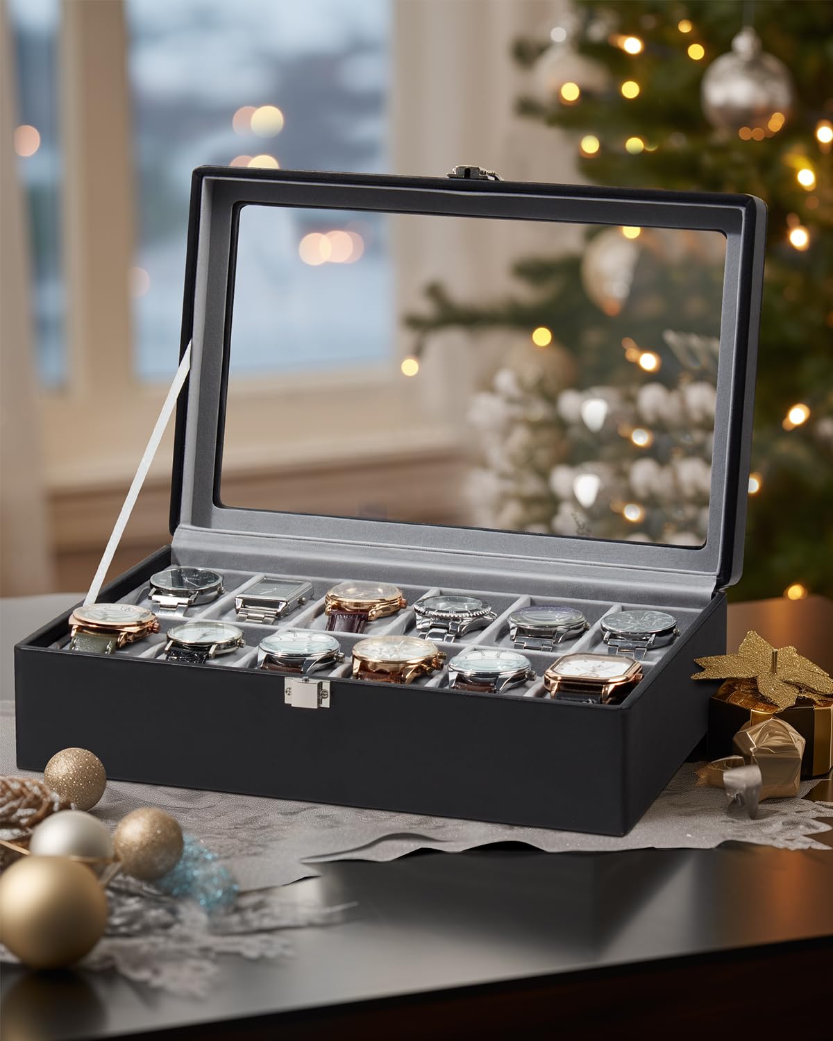 GUKA 12 Slot Watch Box with Large Real Glass Lid - Premium Black Synthetic Leather Watch Organizer with Removable Pillows | Perfect for Watch Collection Display, Storage & Travel